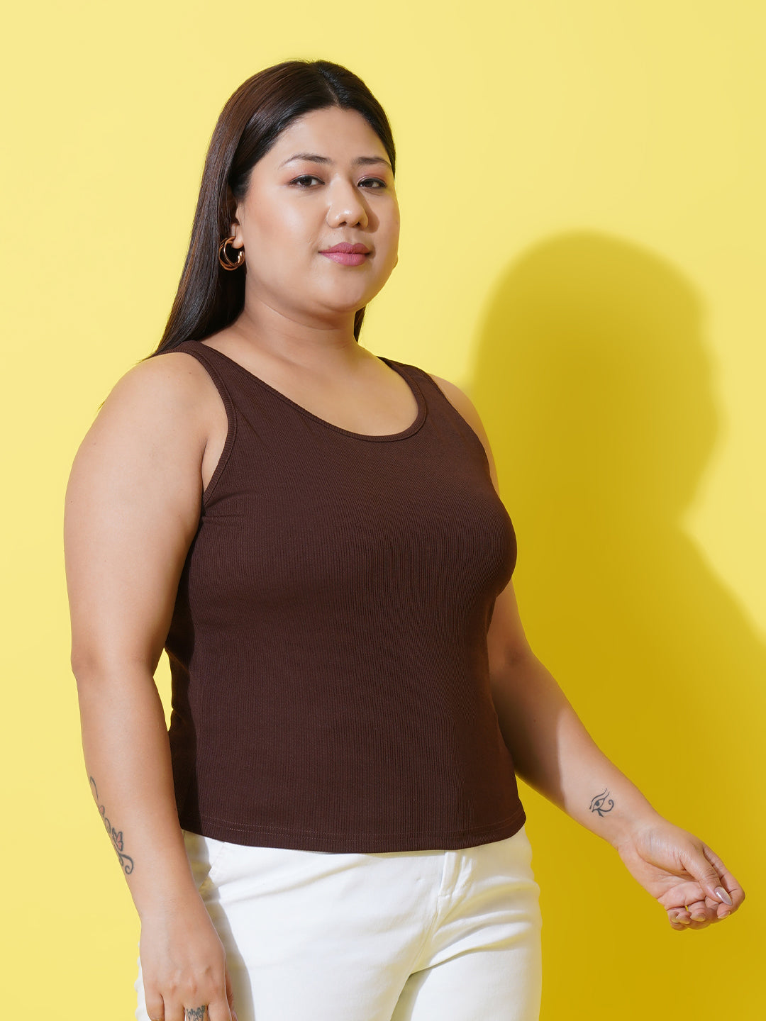 Women Plus Size Brown Ribbed Tank top