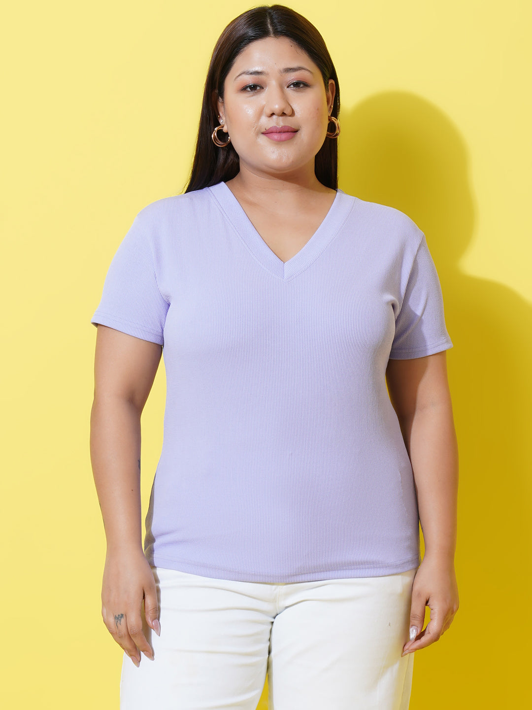 Women Plus Size Lavender ribbed V-Neck Top