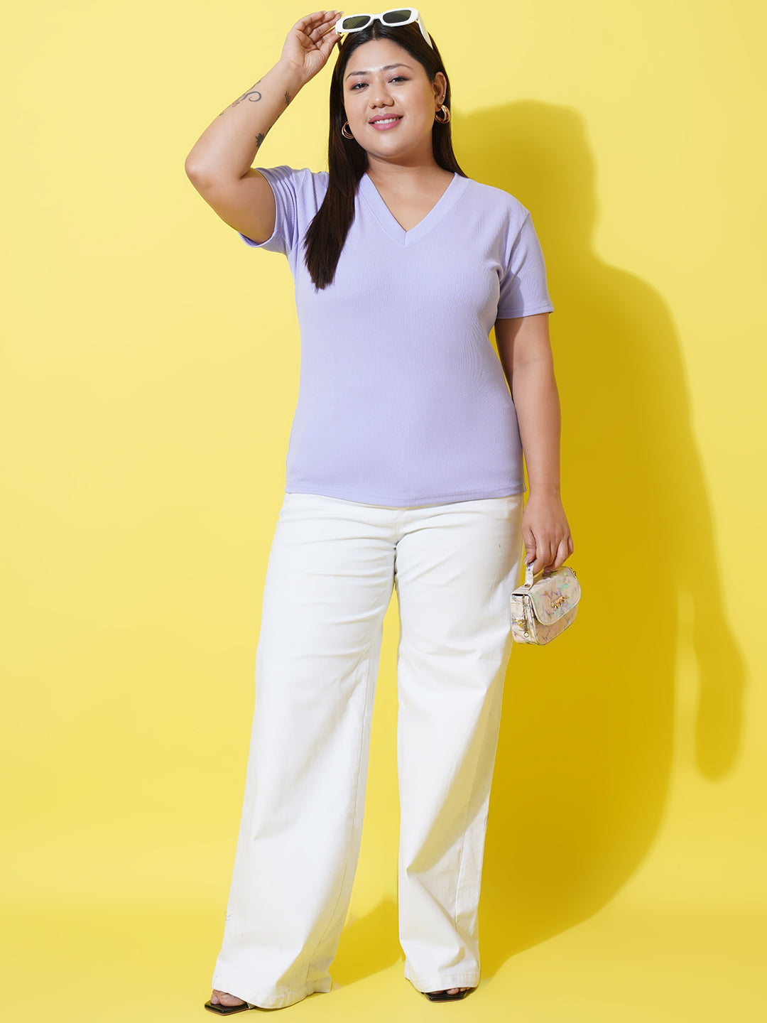 Women Plus Size Lavender ribbed V-Neck Top