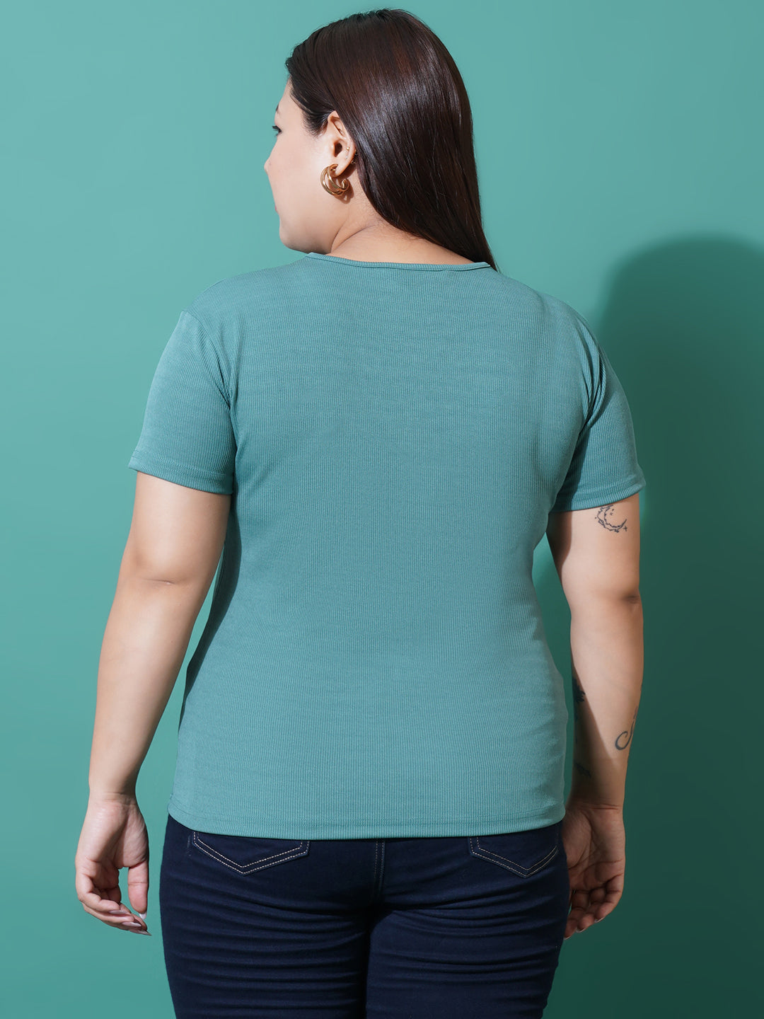 Women Plus Size Sea green ribbed V-Neck Top