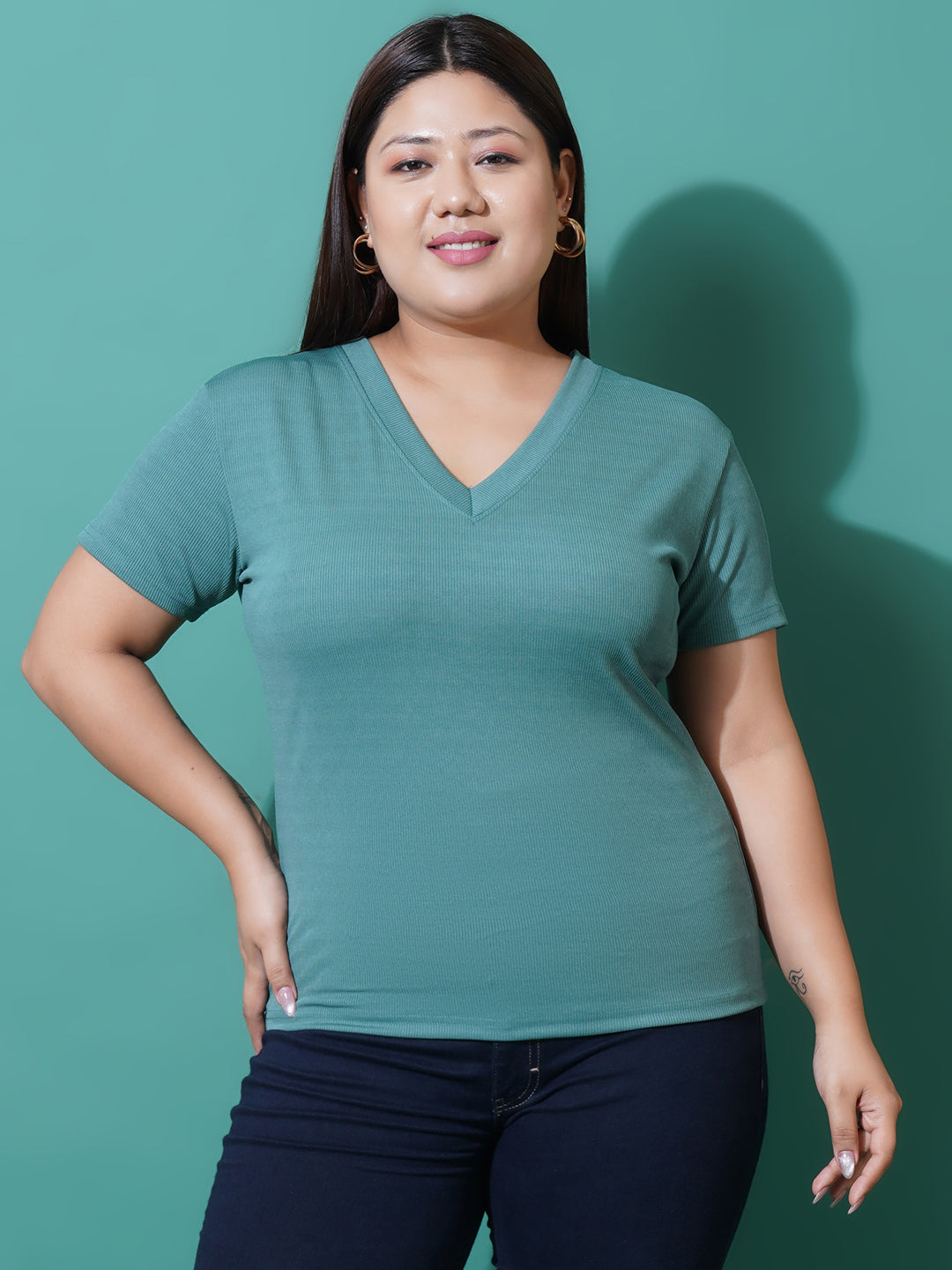 Women Plus Size Sea green ribbed V-Neck Top