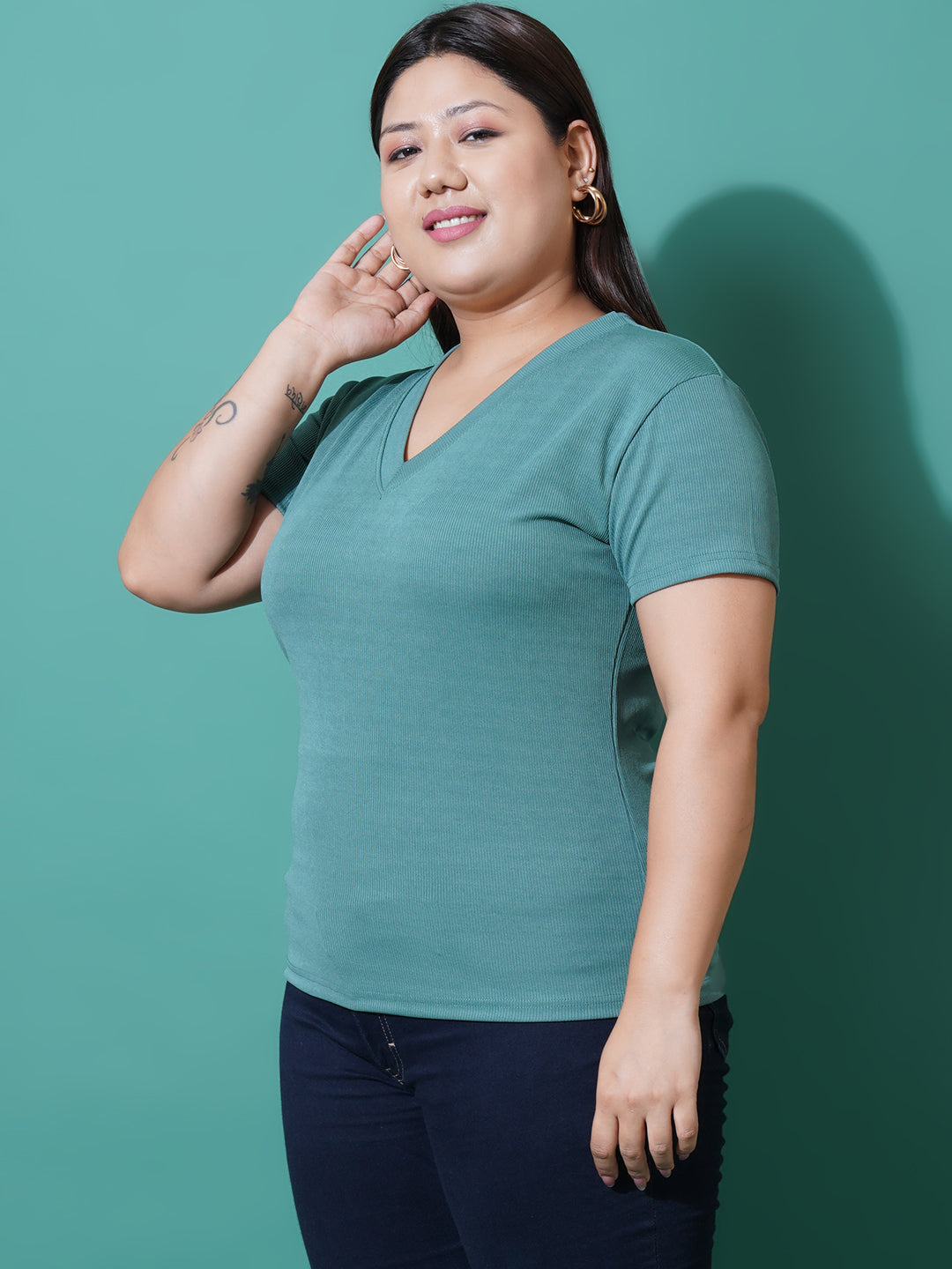 Women Plus Size Sea green ribbed V-Neck Top