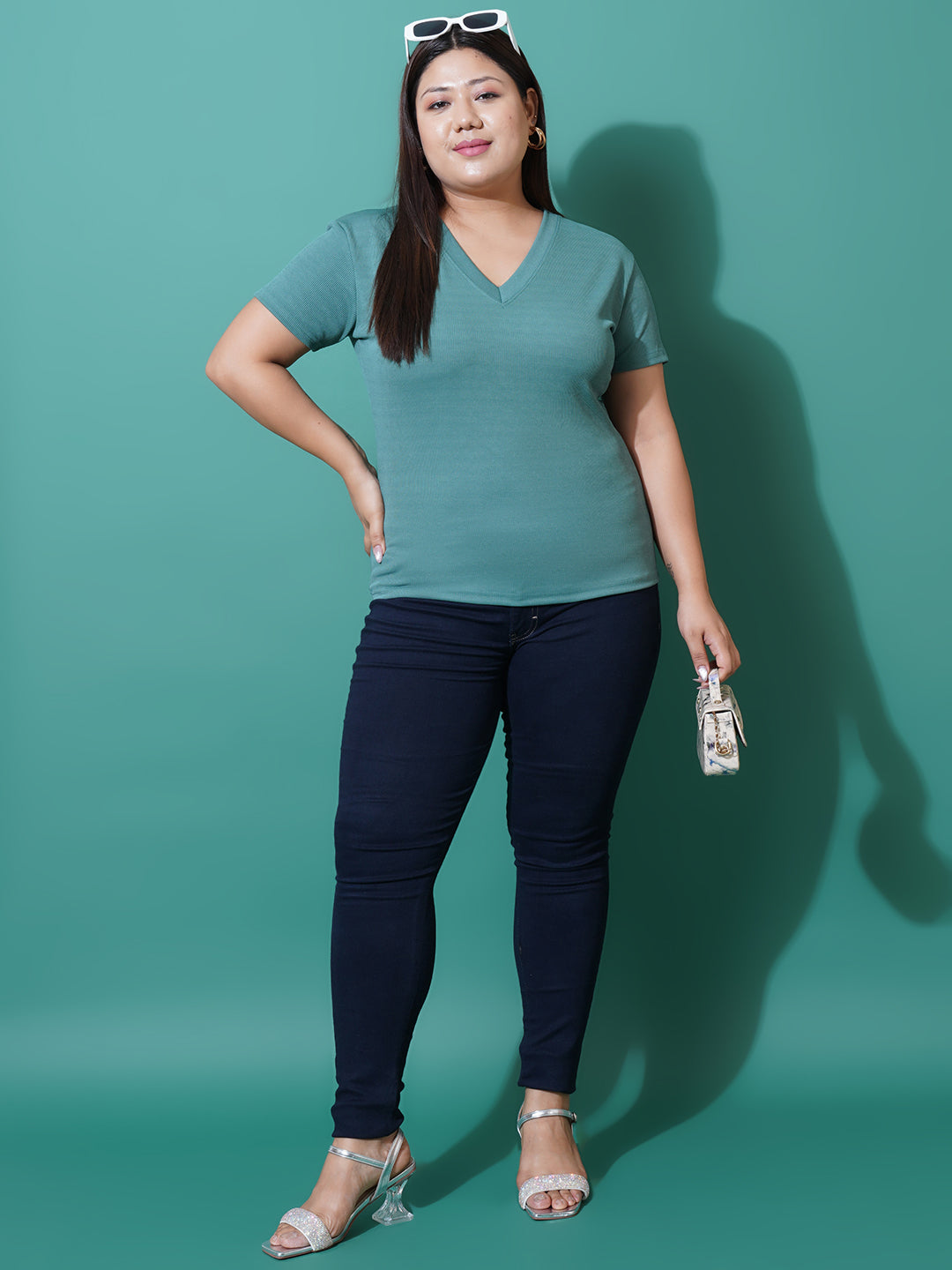 Women Plus Size Sea green ribbed V-Neck Top
