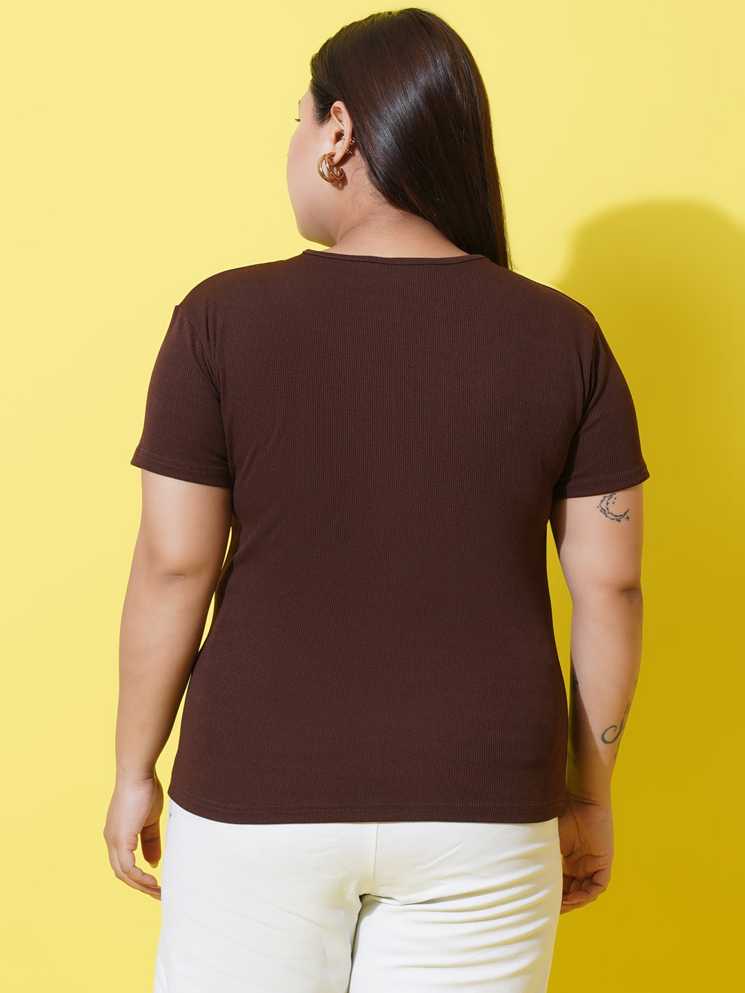 Women Plus Size Brown ribbed V-Neck Top