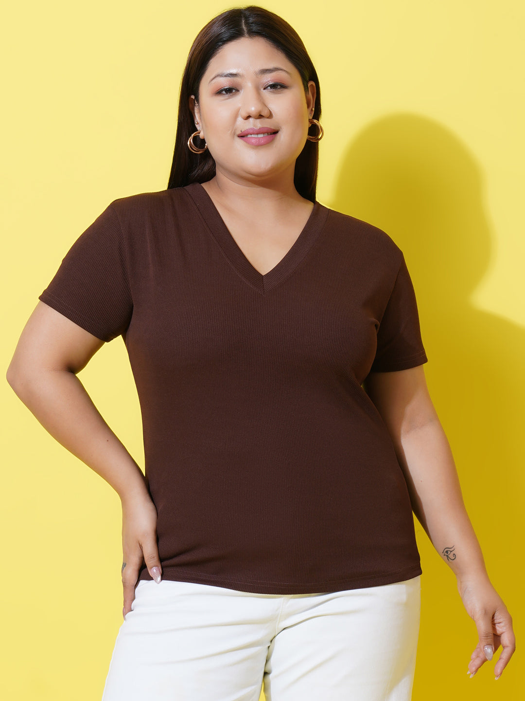 Women Plus Size Brown ribbed V-Neck Top