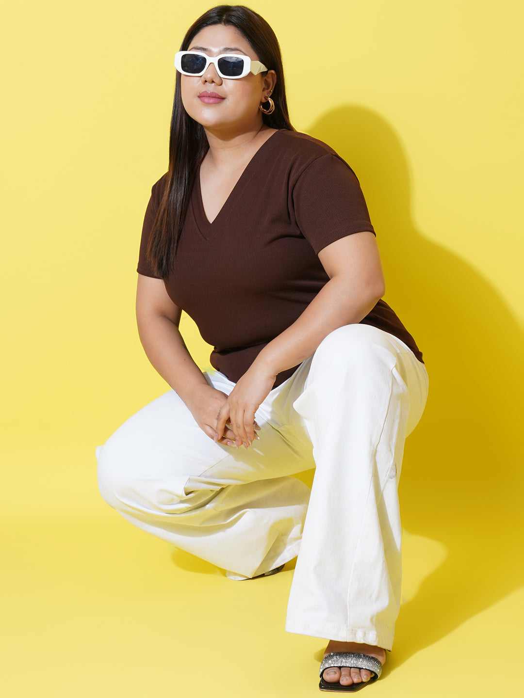 Women Plus Size Brown ribbed V-Neck Top