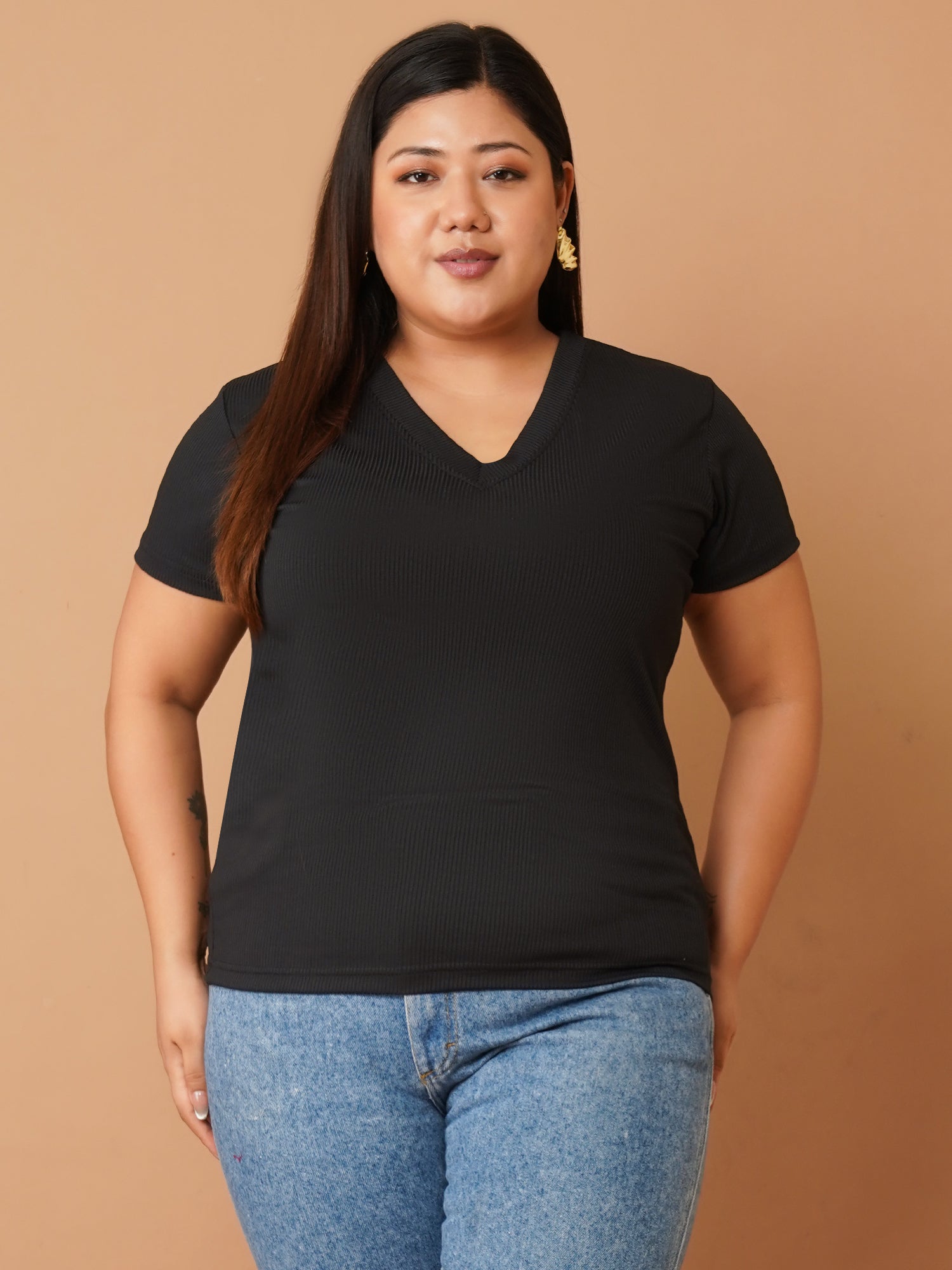 U&F Beyond Black Scuba V-Neck Plus Size Top