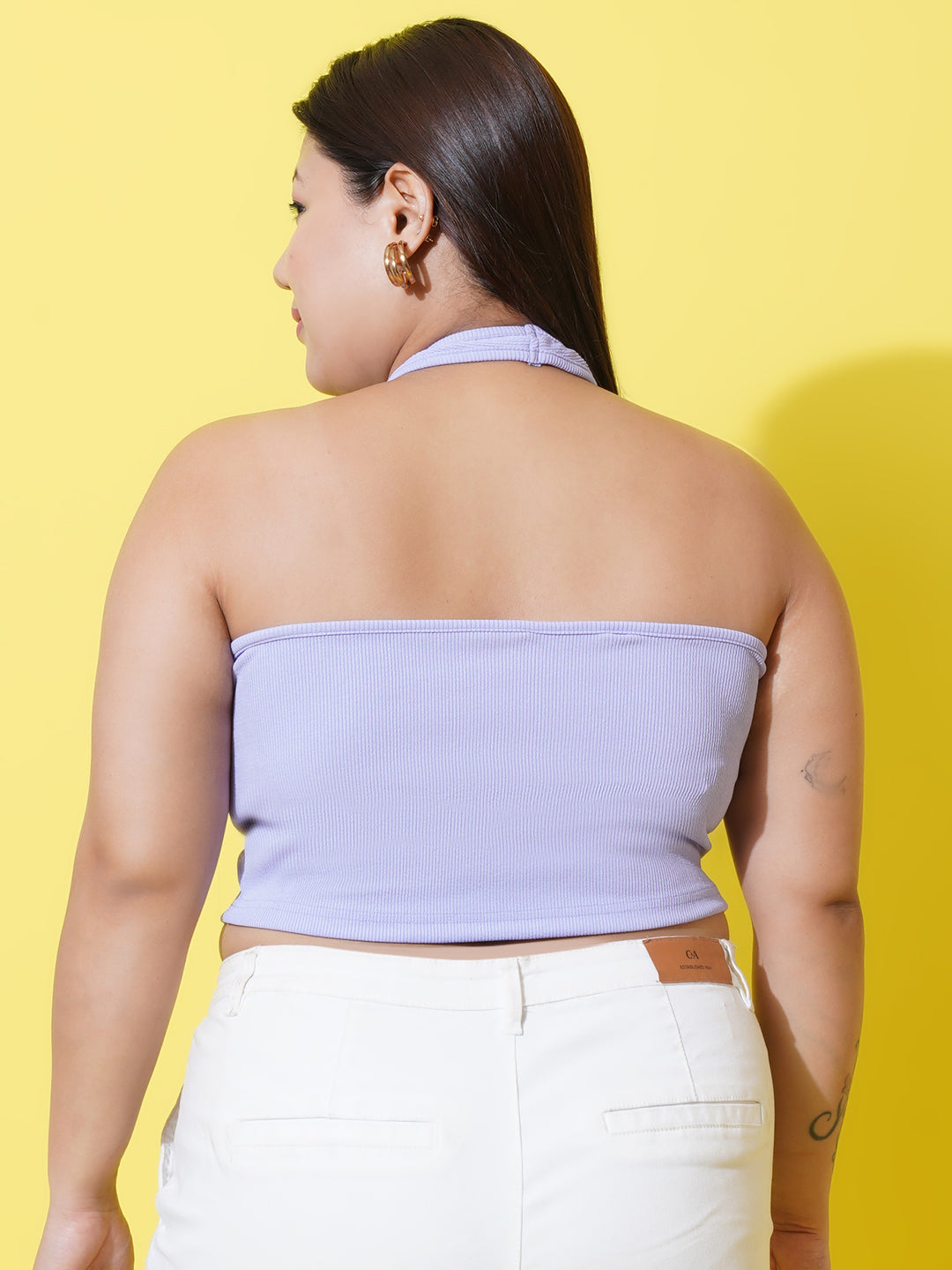Women Plus Size Lavender Halter Neck Ribbed Crop Top