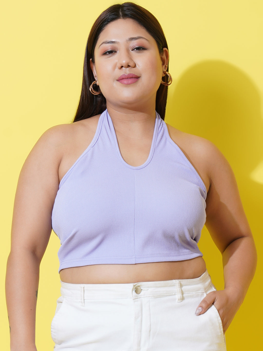 Women Plus Size Lavender Halter Neck Ribbed Crop Top