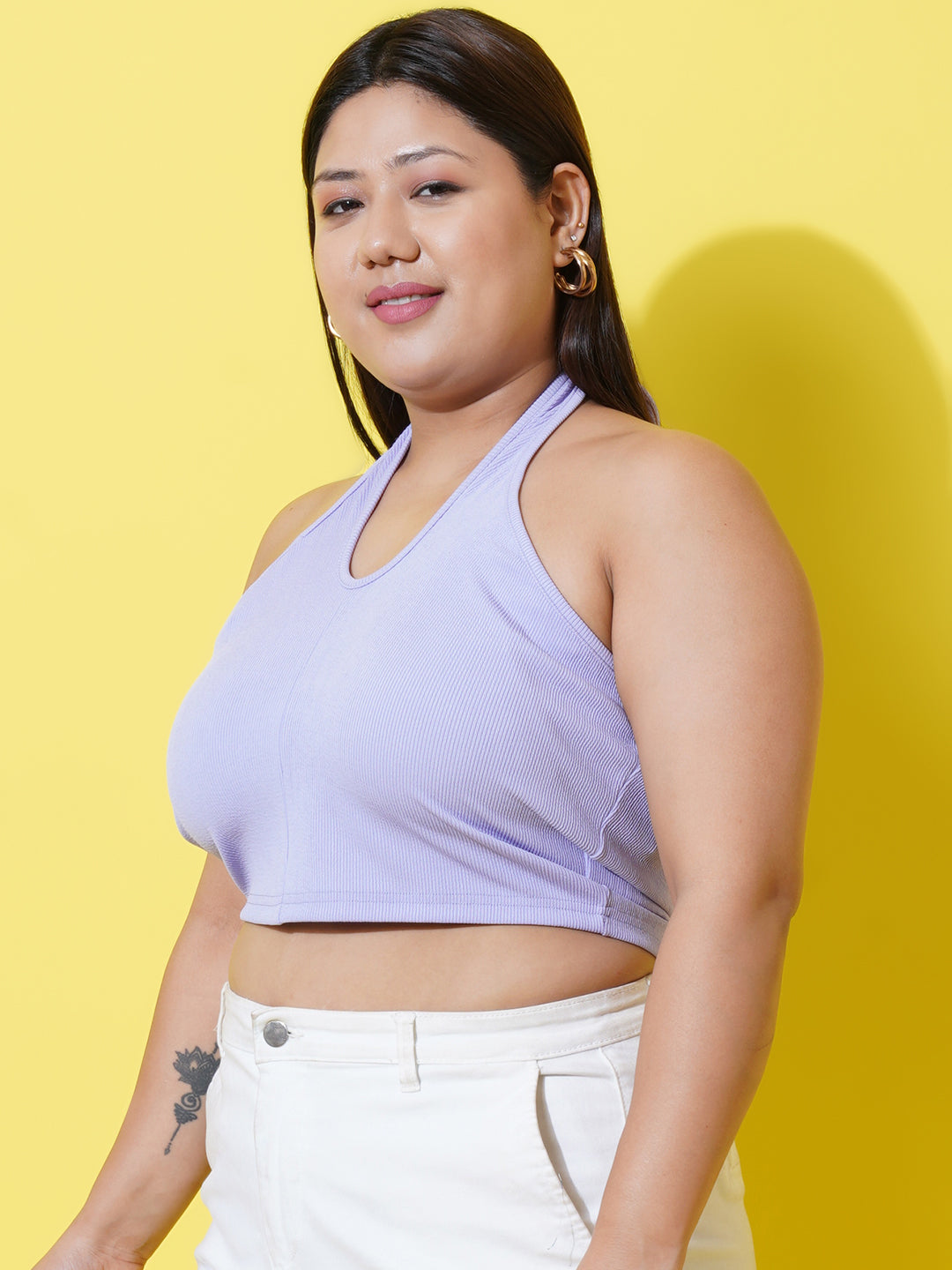 Women Plus Size Lavender Halter Neck Ribbed Crop Top