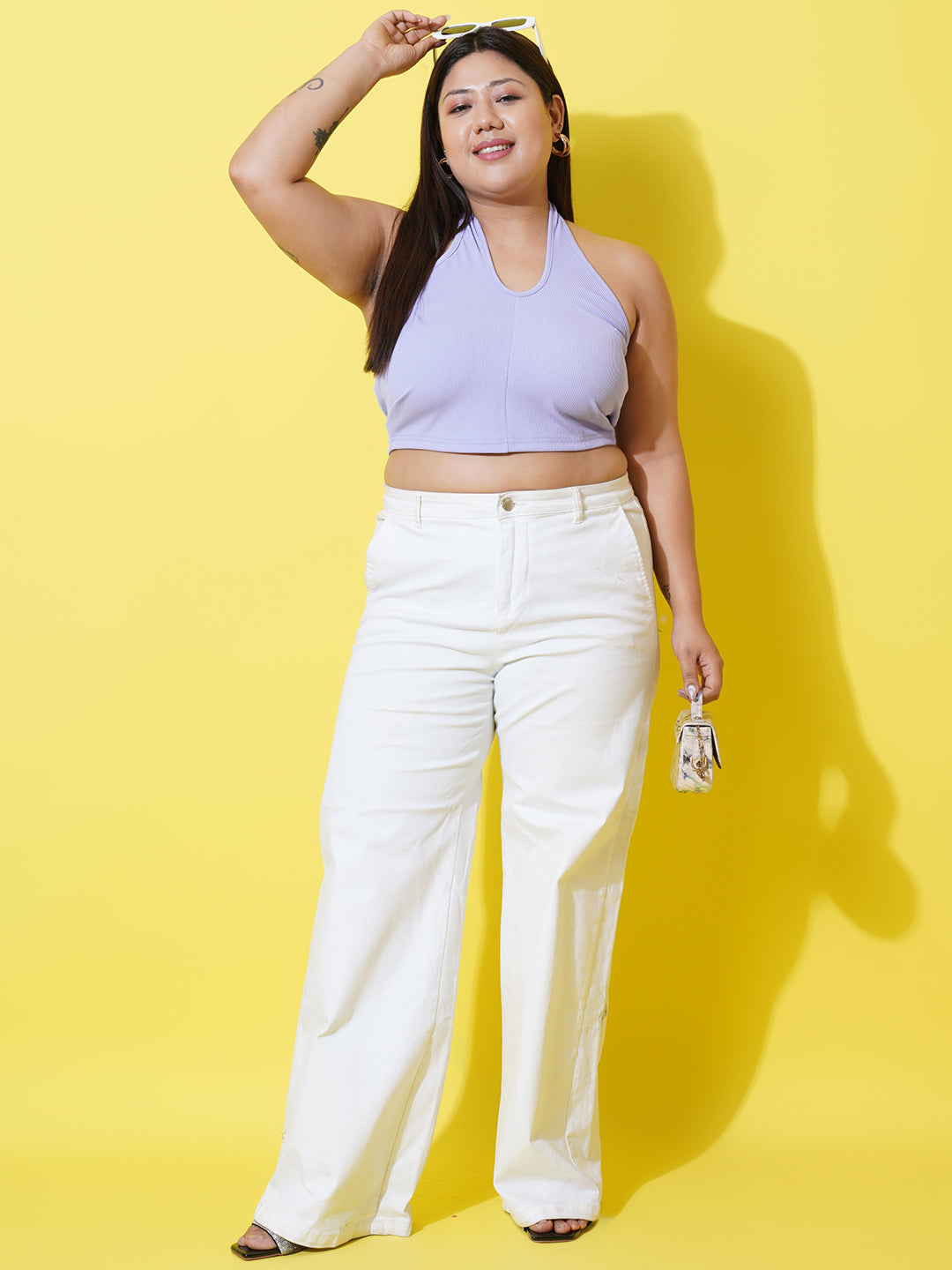 Women Plus Size Lavender Halter Neck Ribbed Crop Top