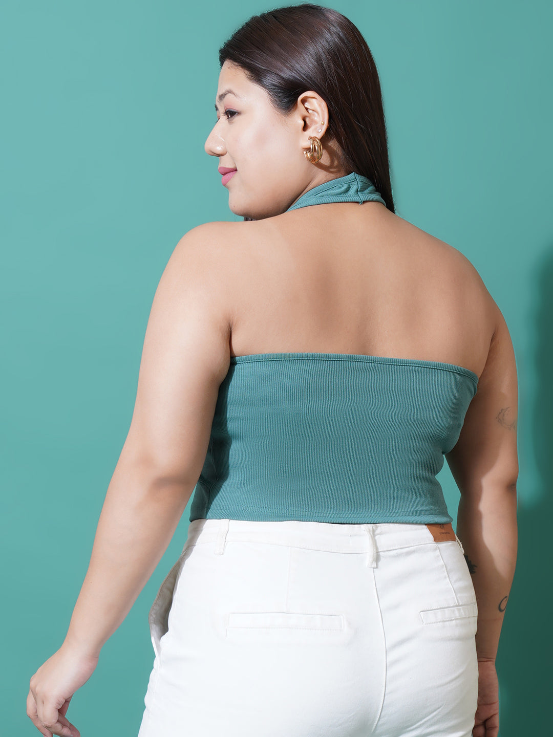 Women Plus Size Sea green Halter Neck Ribbed Crop Top