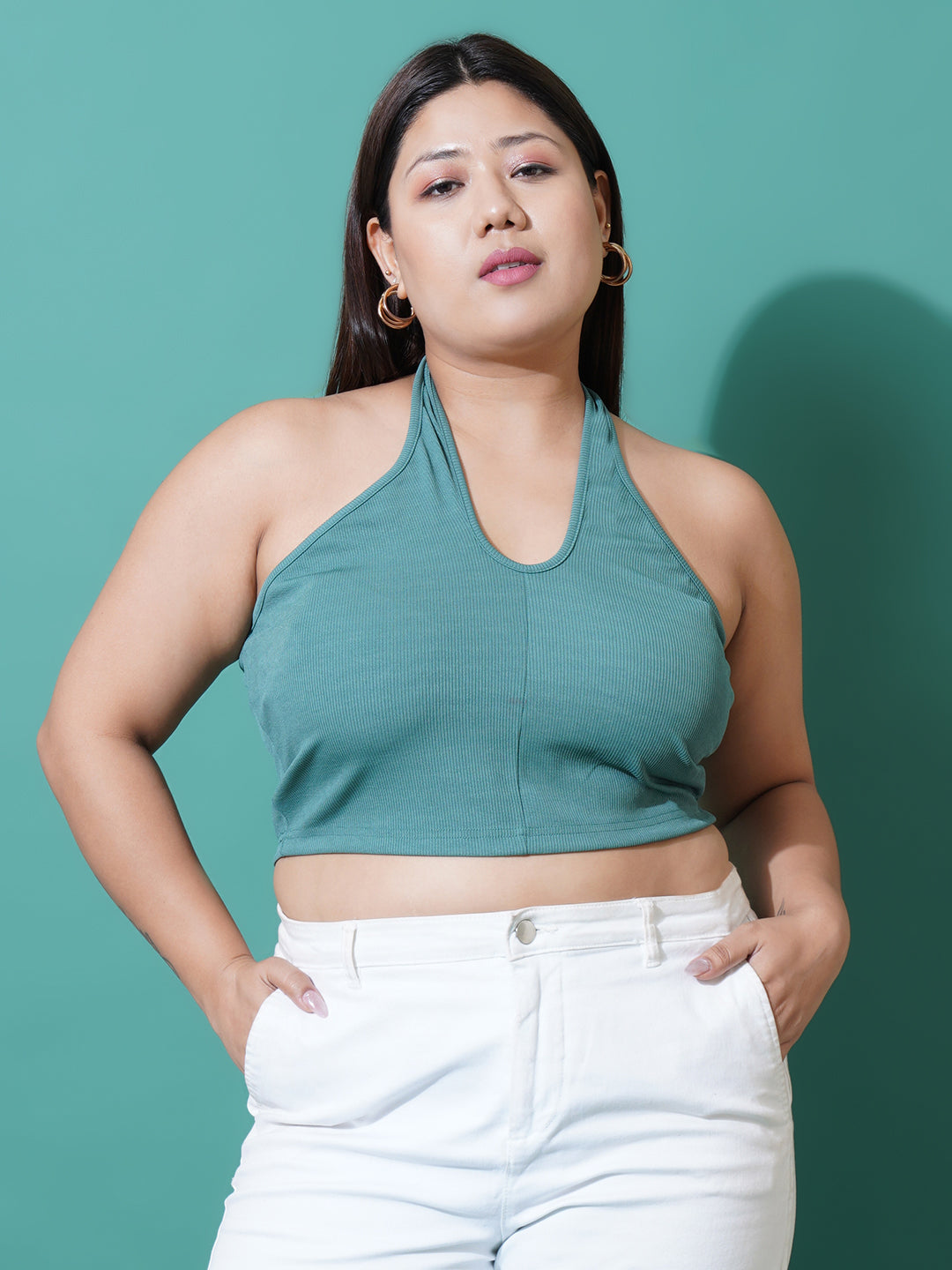 Women Plus Size Sea green Halter Neck Ribbed Crop Top