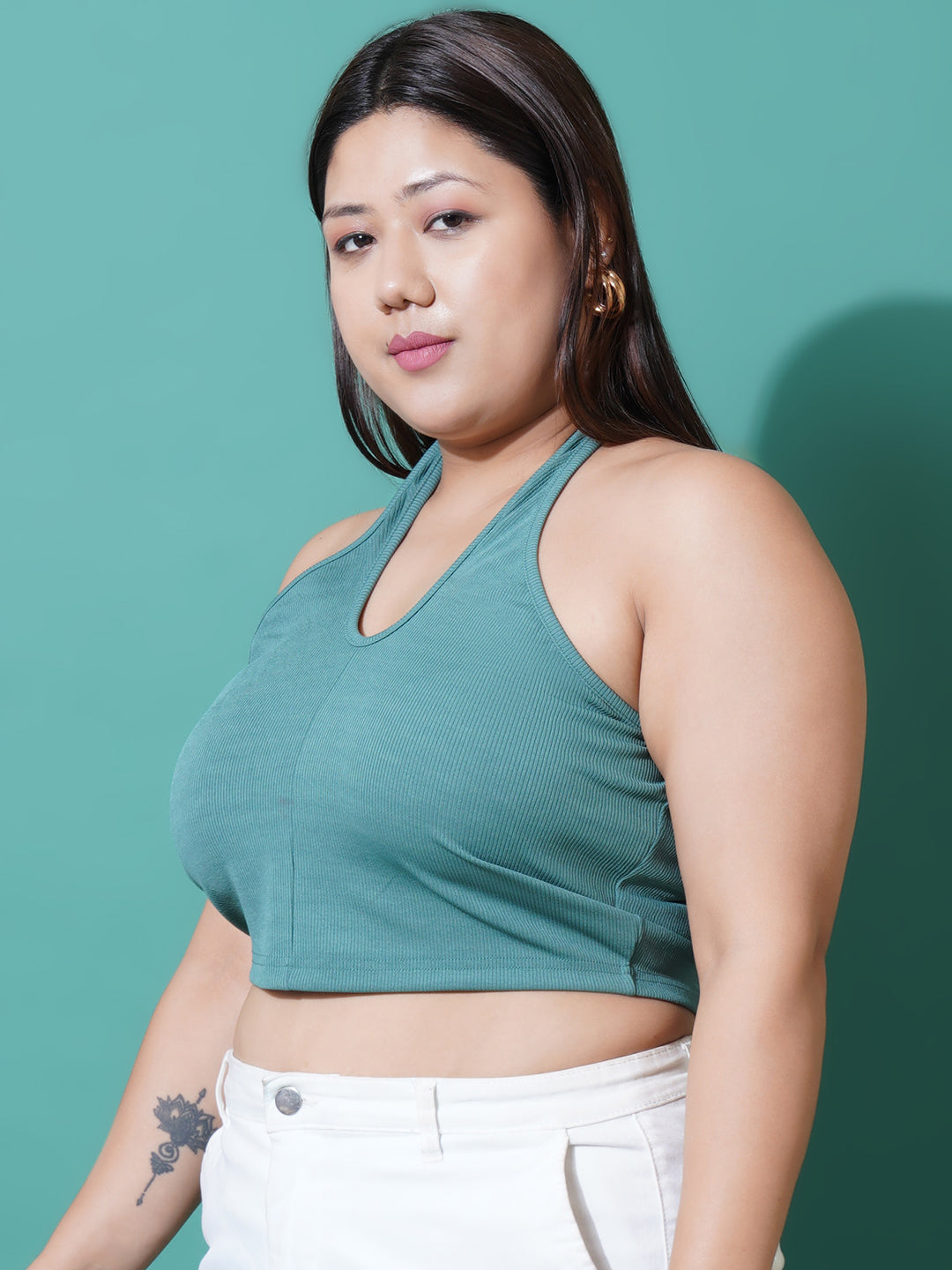 Women Plus Size Sea green Halter Neck Ribbed Crop Top