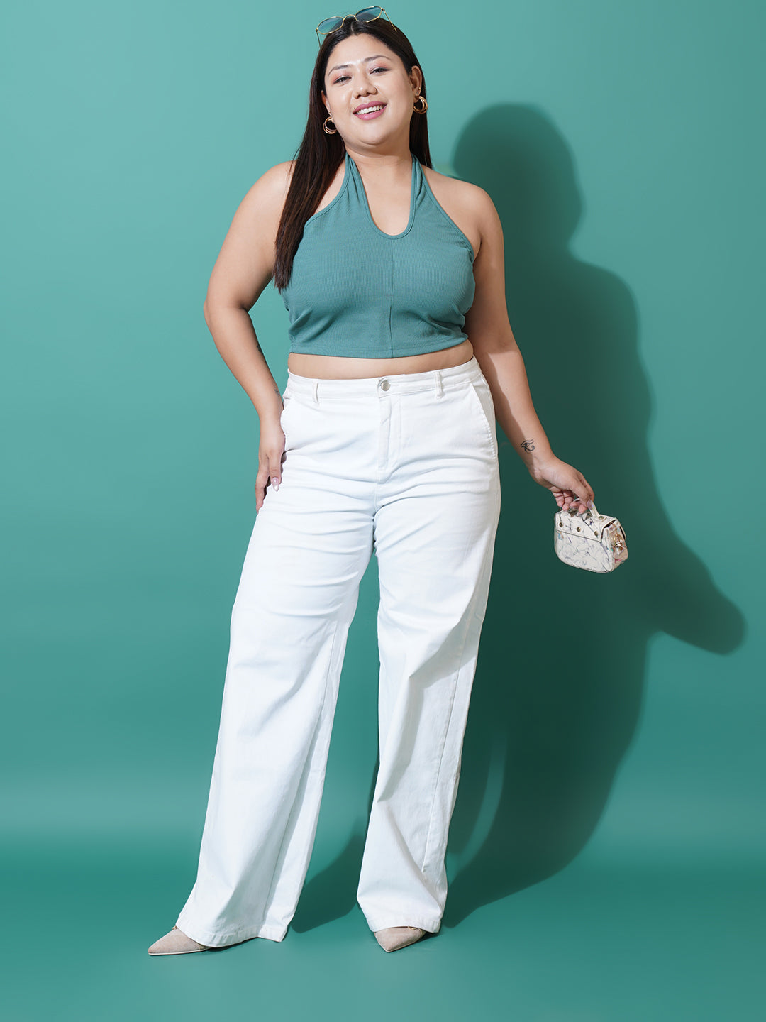 Women Plus Size Sea green Halter Neck Ribbed Crop Top