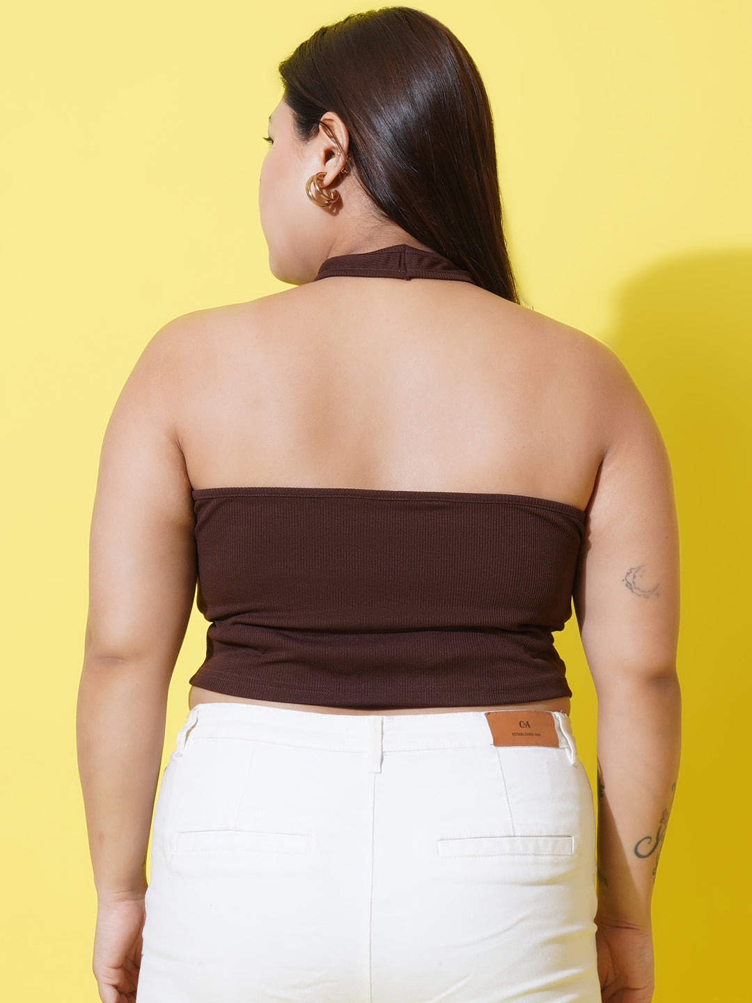 Women Plus Size Brown Halter Neck Ribbed Crop Top