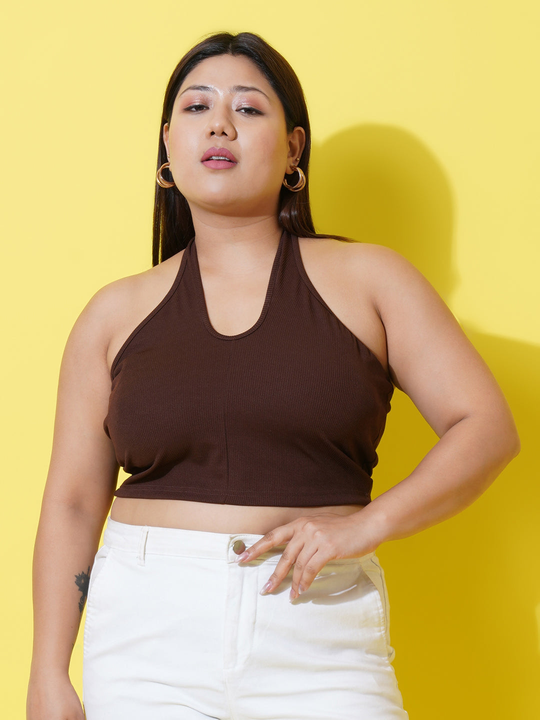 Women Plus Size Brown Halter Neck Ribbed Crop Top