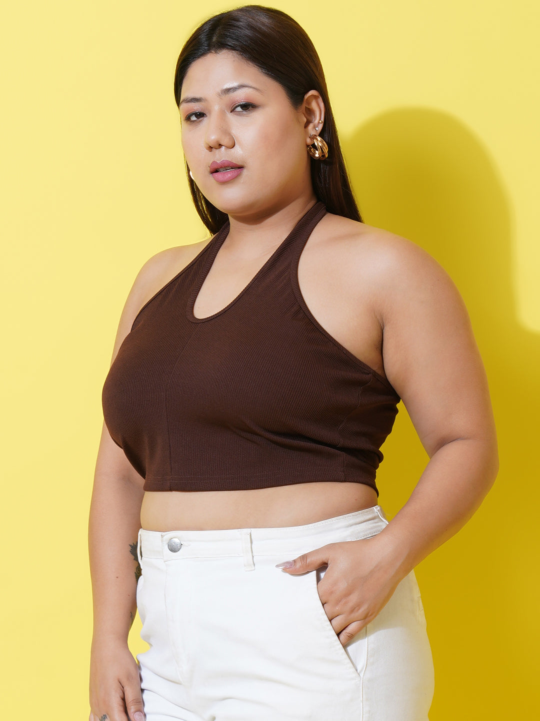 Women Plus Size Brown Halter Neck Ribbed Crop Top