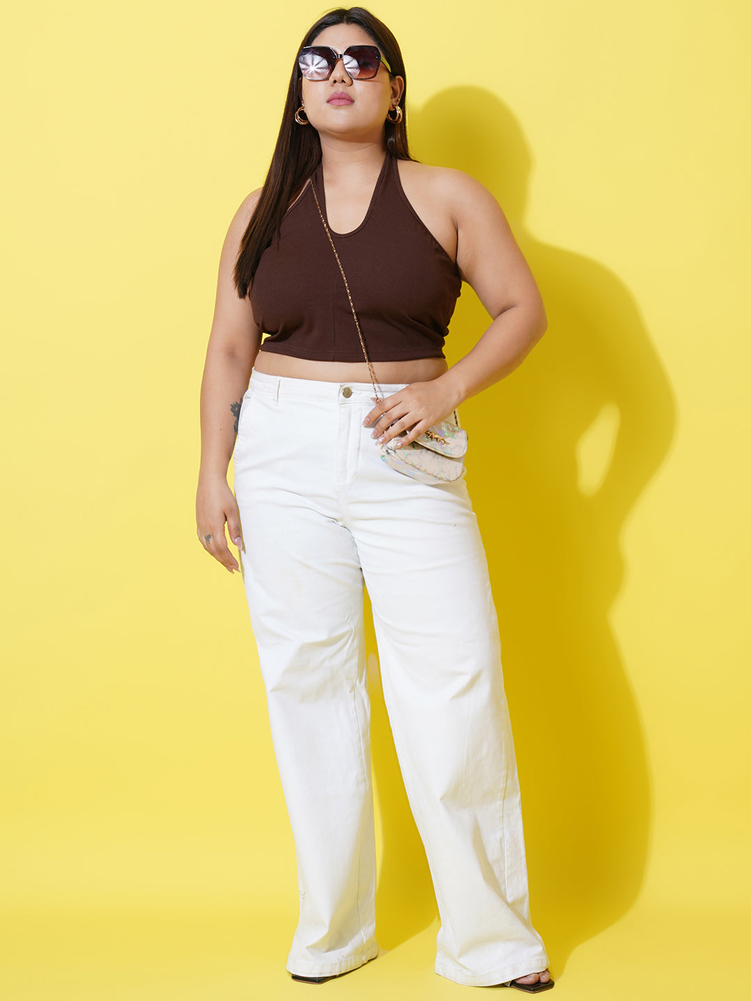 Women Plus Size Brown Halter Neck Ribbed Crop Top