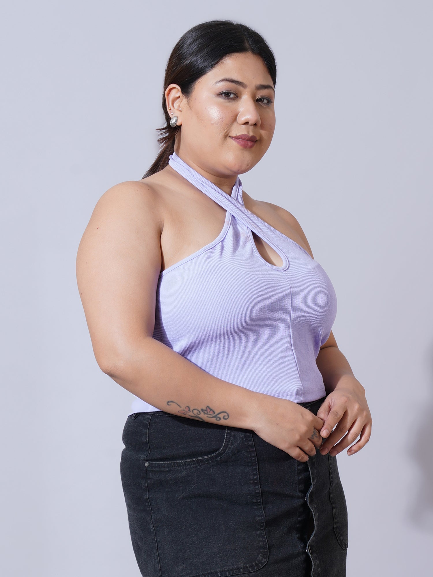 Women Plus Size Lavender Keyhole Neck Crepe Fitted Crop Top