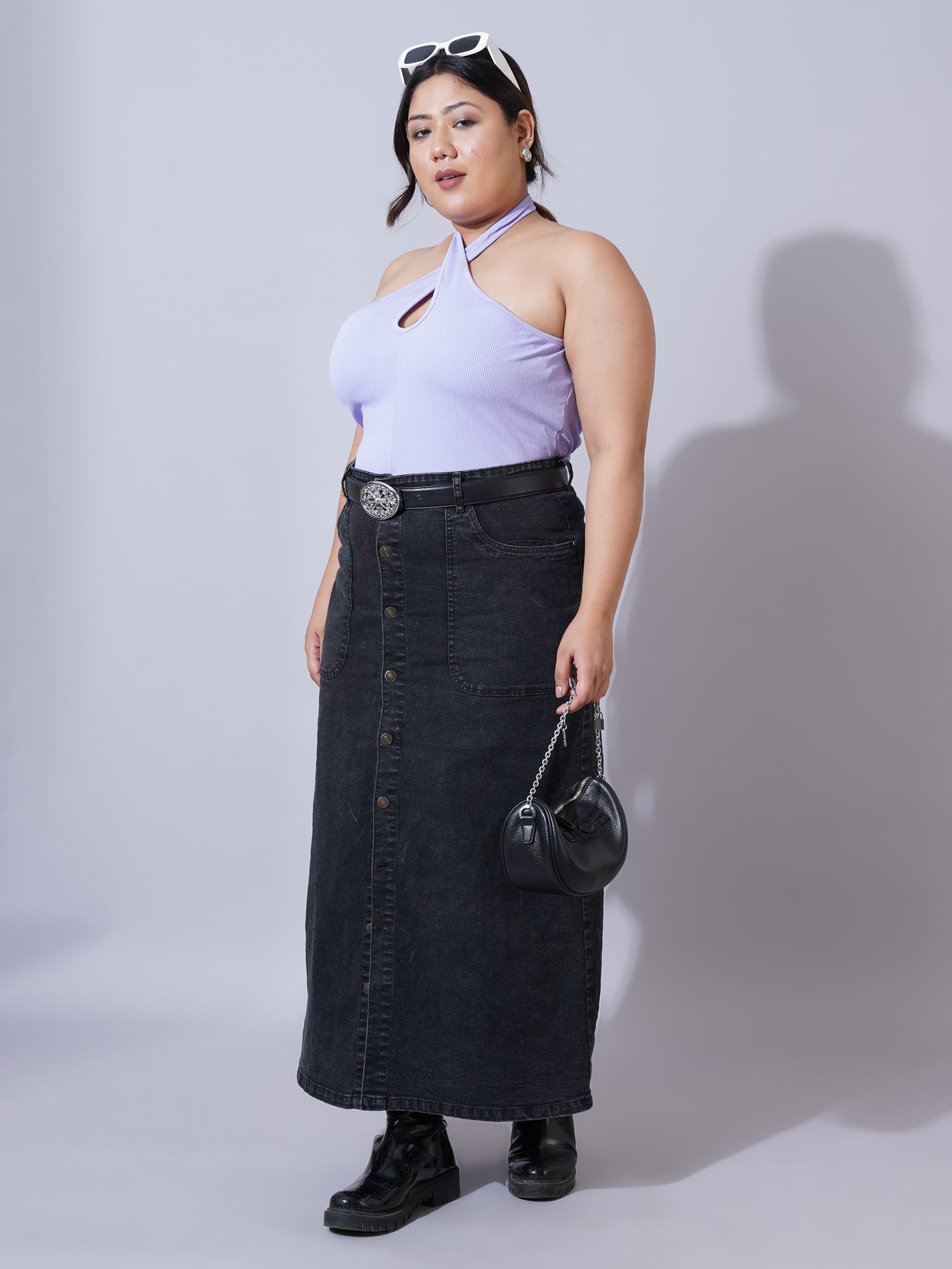 Women Plus Size Lavender Keyhole Neck Crepe Fitted Crop Top