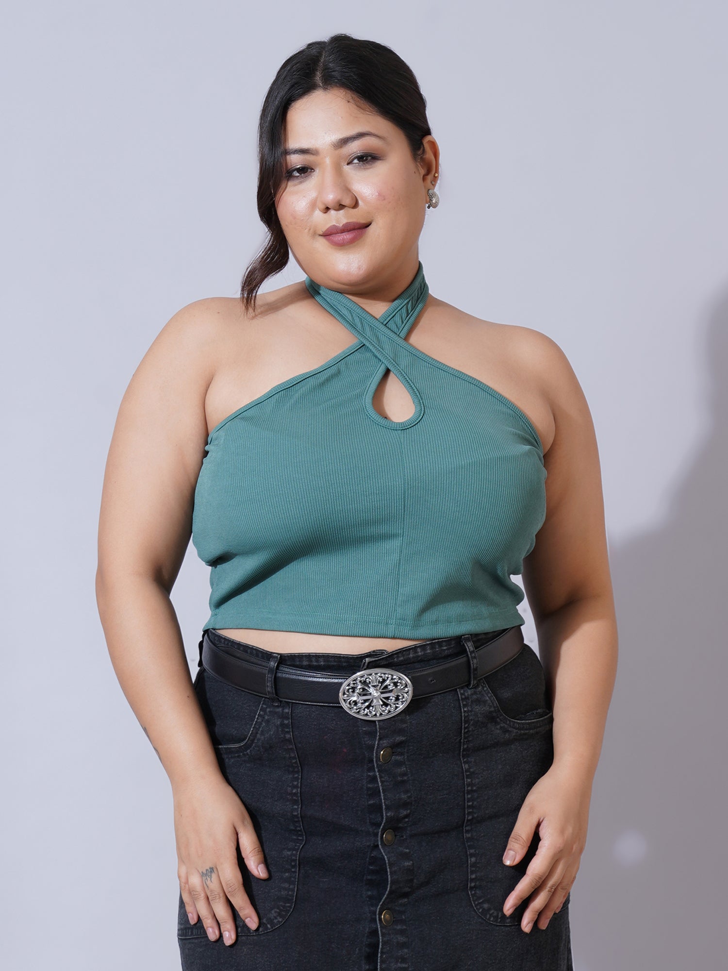 Women Plus Size Sea Green Keyhole Neck Crepe Fitted Crop Top