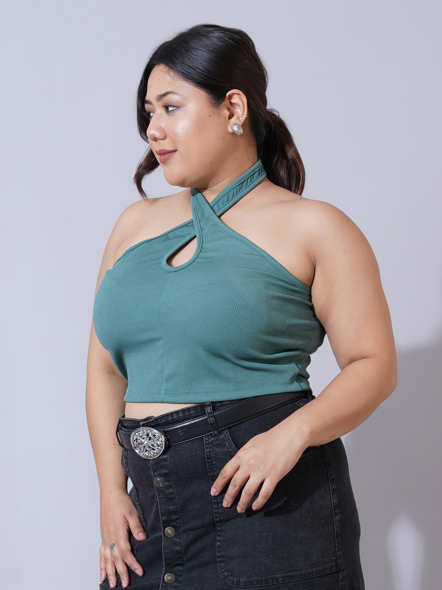 Women Plus Size Sea Green Keyhole Neck Crepe Fitted Crop Top