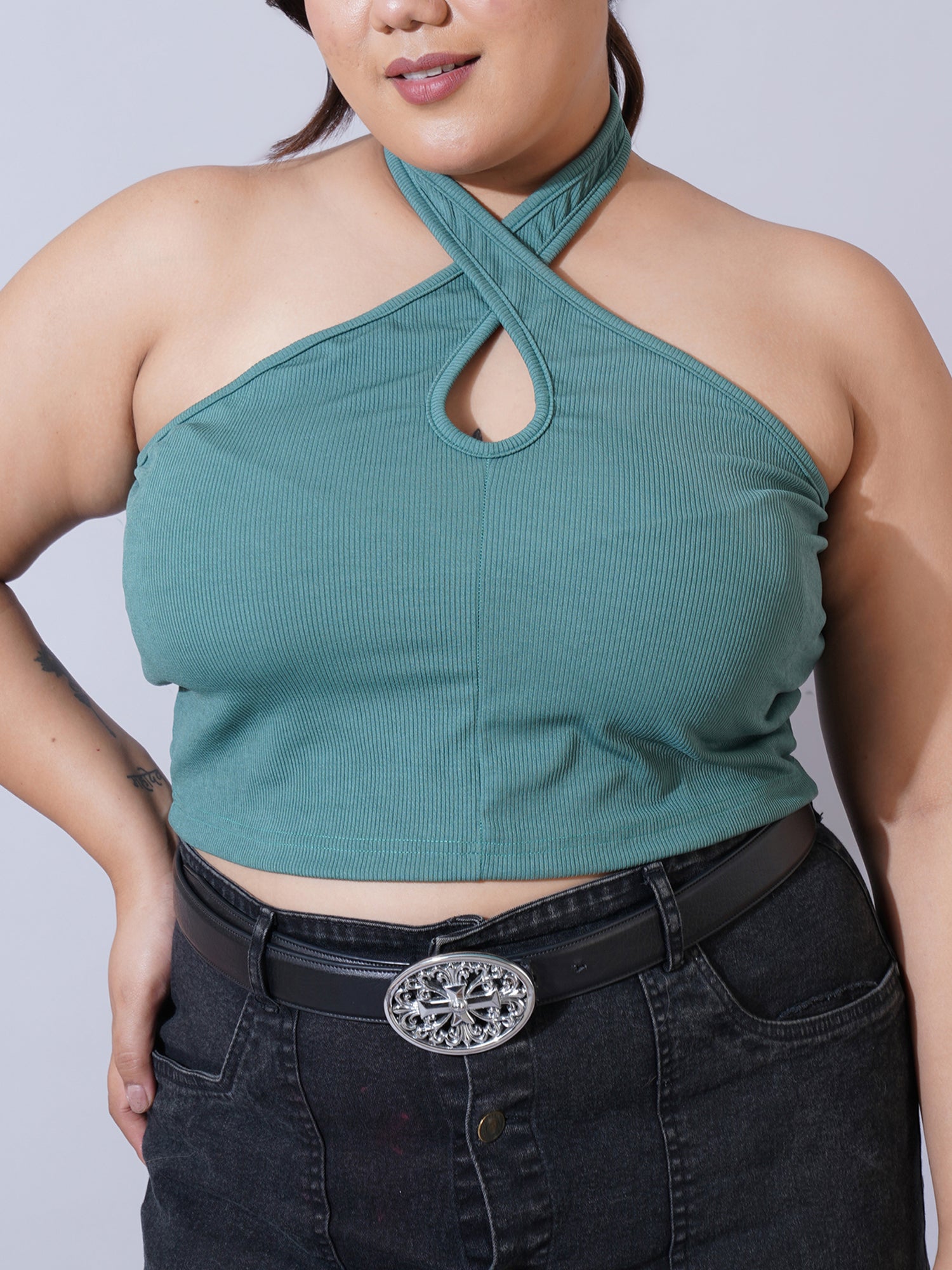 Women Plus Size Sea Green Keyhole Neck Crepe Fitted Crop Top