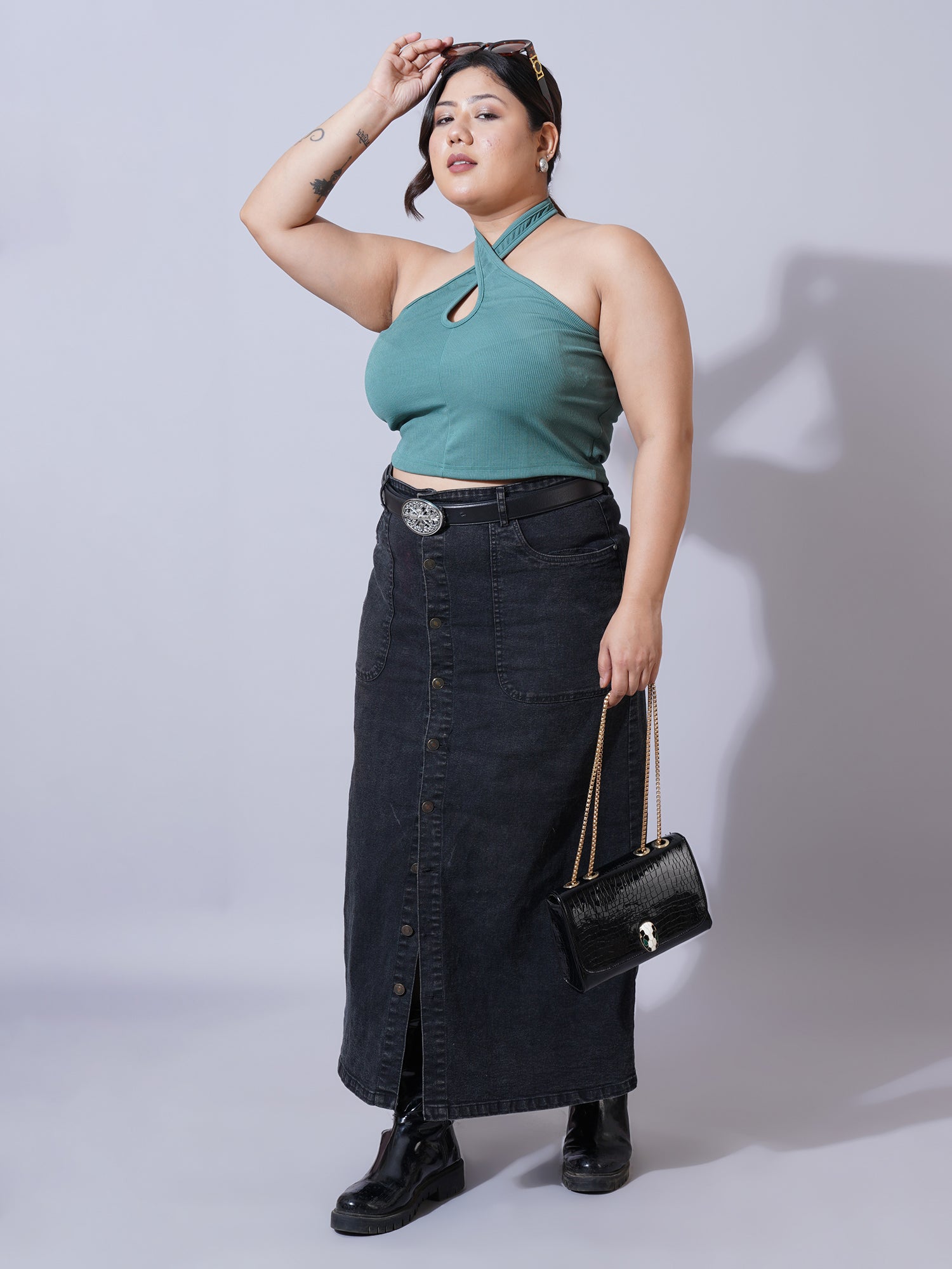 Women Plus Size Sea Green Keyhole Neck Crepe Fitted Crop Top