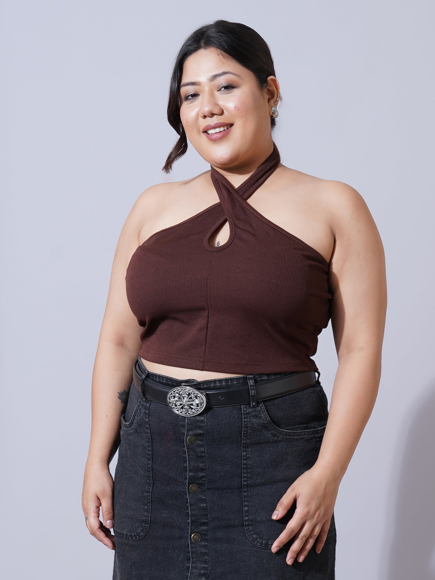 Women Plus Size Brown Keyhole Neck Crepe Fitted Crop Top