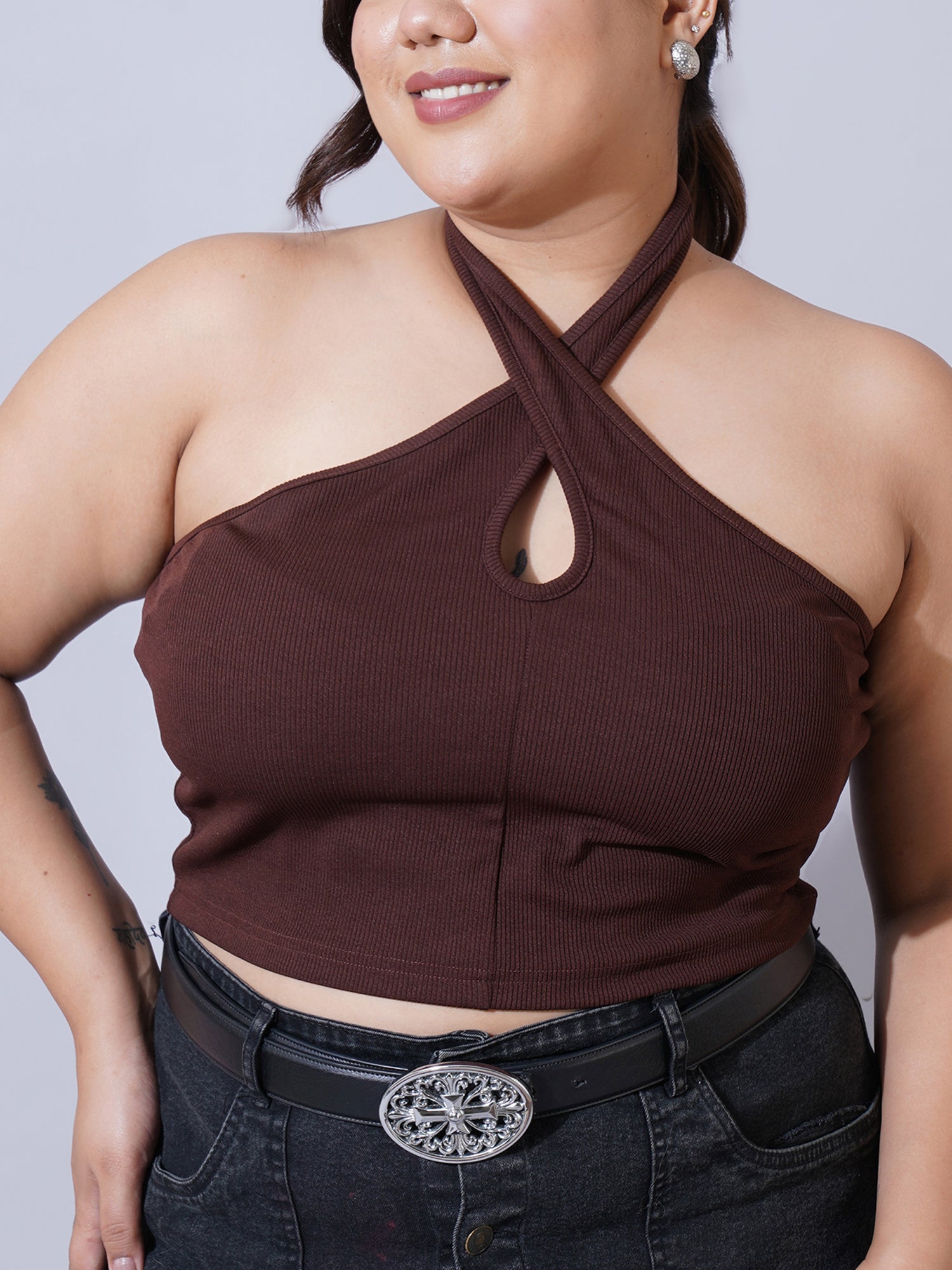Women Plus Size Brown Keyhole Neck Crepe Fitted Crop Top