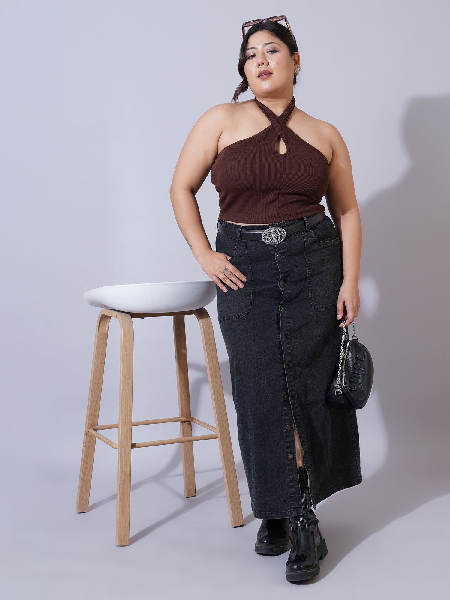 Women Plus Size Brown Keyhole Neck Crepe Fitted Crop Top