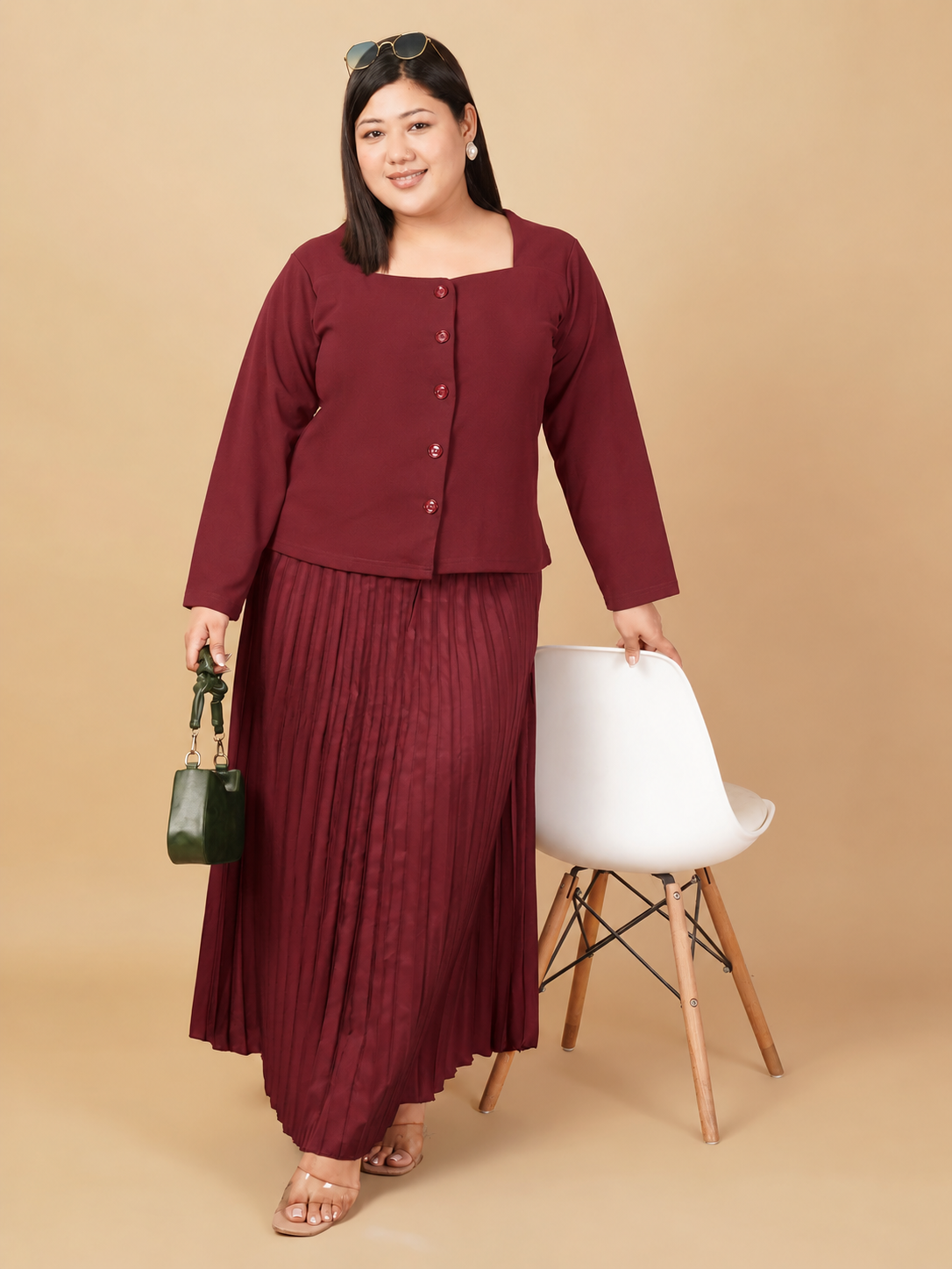 U&F Beyond Plus Size Maroon Pleated Elegance Co-ord Set