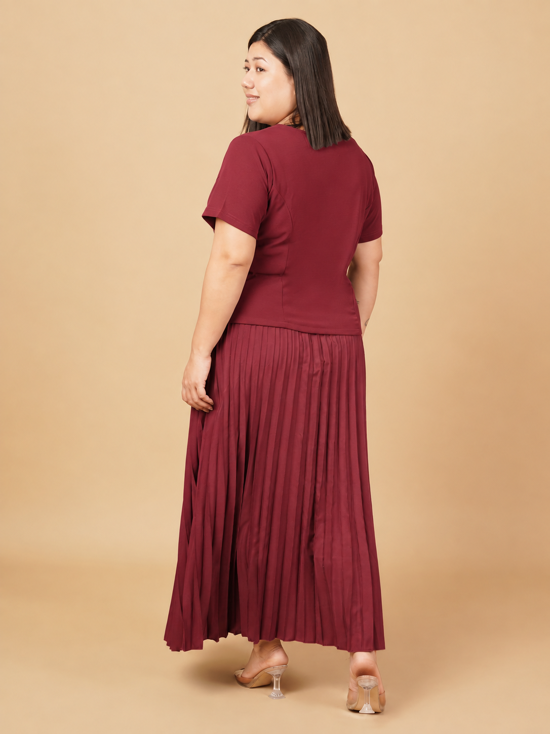 U&F Beyond Plus Size Maroon Sophisticated Pleated Co-ord Set