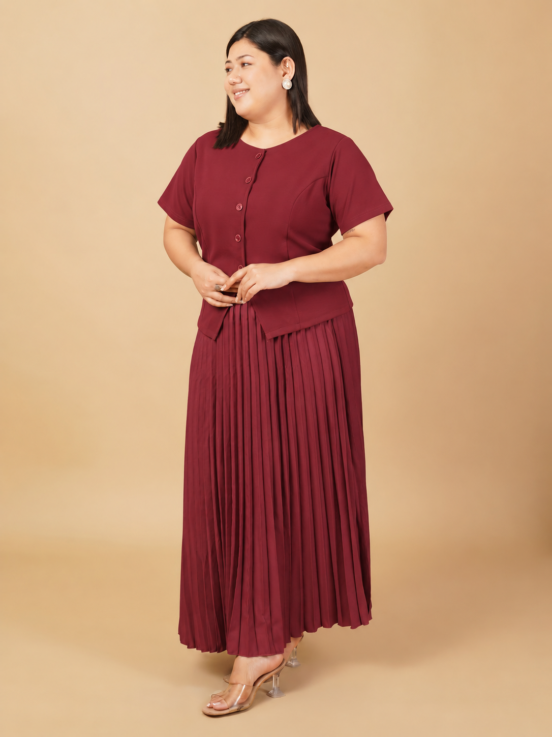 U&F Beyond Plus Size Maroon Sophisticated Pleated Co-ord Set