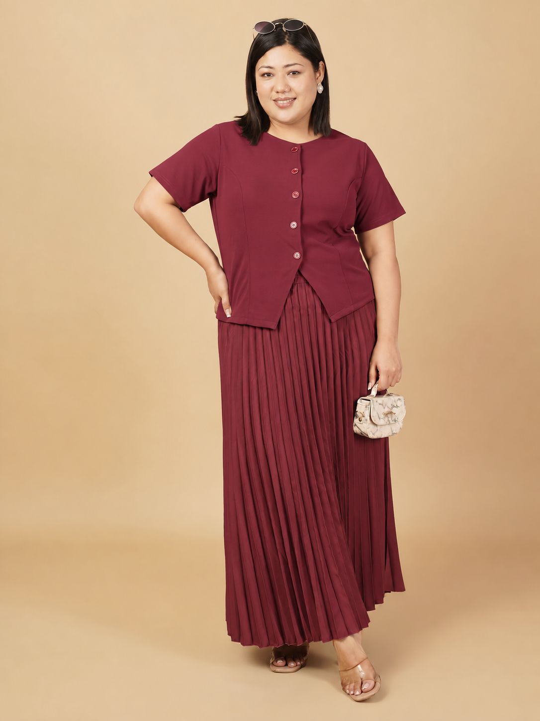 U&F Beyond Plus Size Maroon Sophisticated Pleated Co-ord Set
