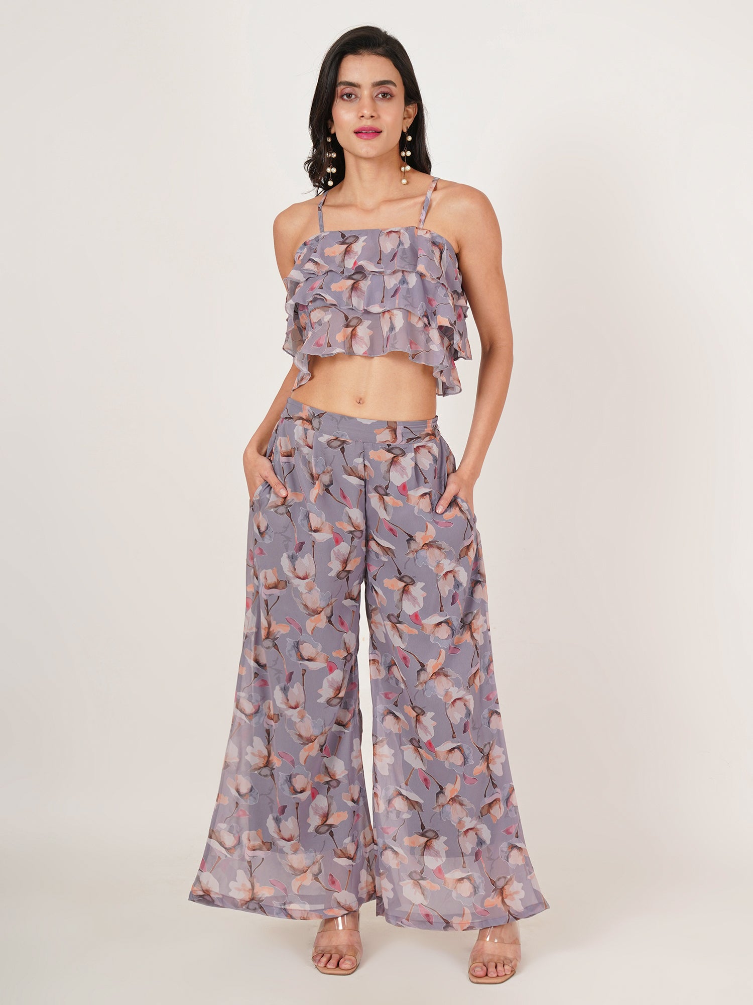 U&F Women Floral Printed Crop Top With Palazzos Co-Ords
