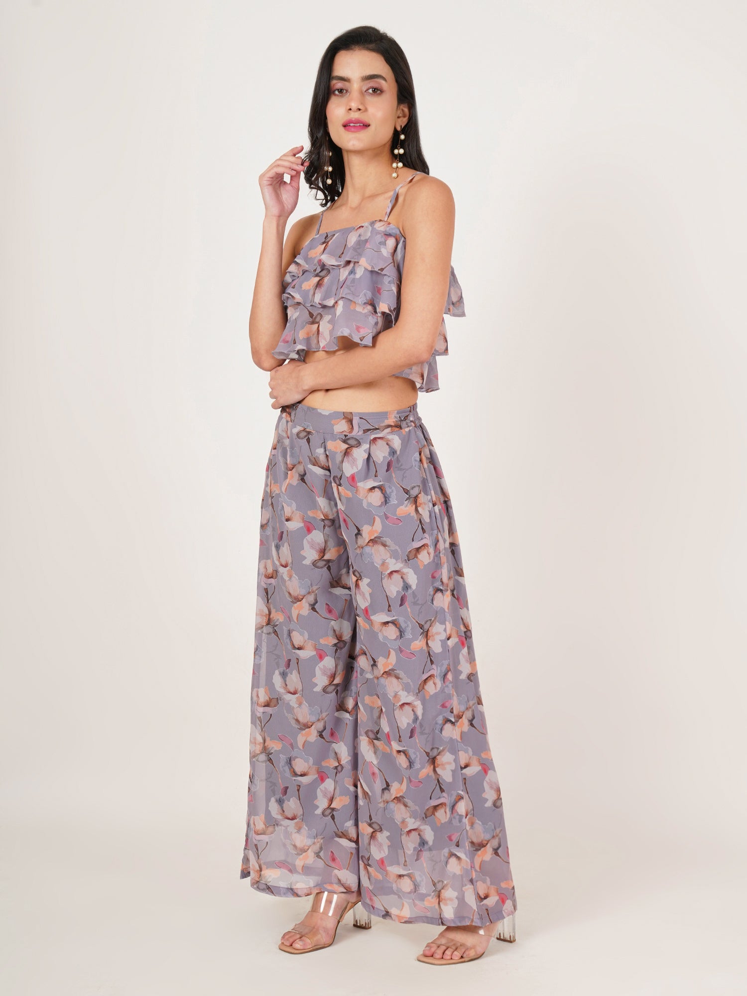 U&F Women Floral Printed Crop Top With Palazzos Co-Ords