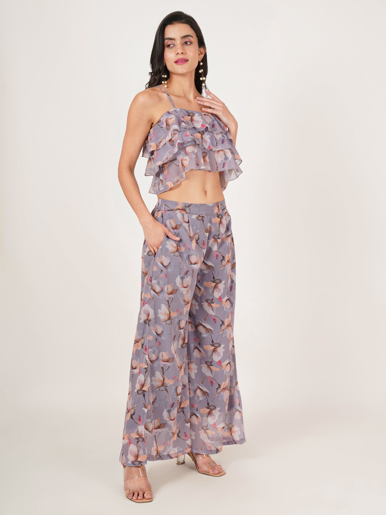 U&F Women Floral Printed Crop Top With Palazzos Co-Ords