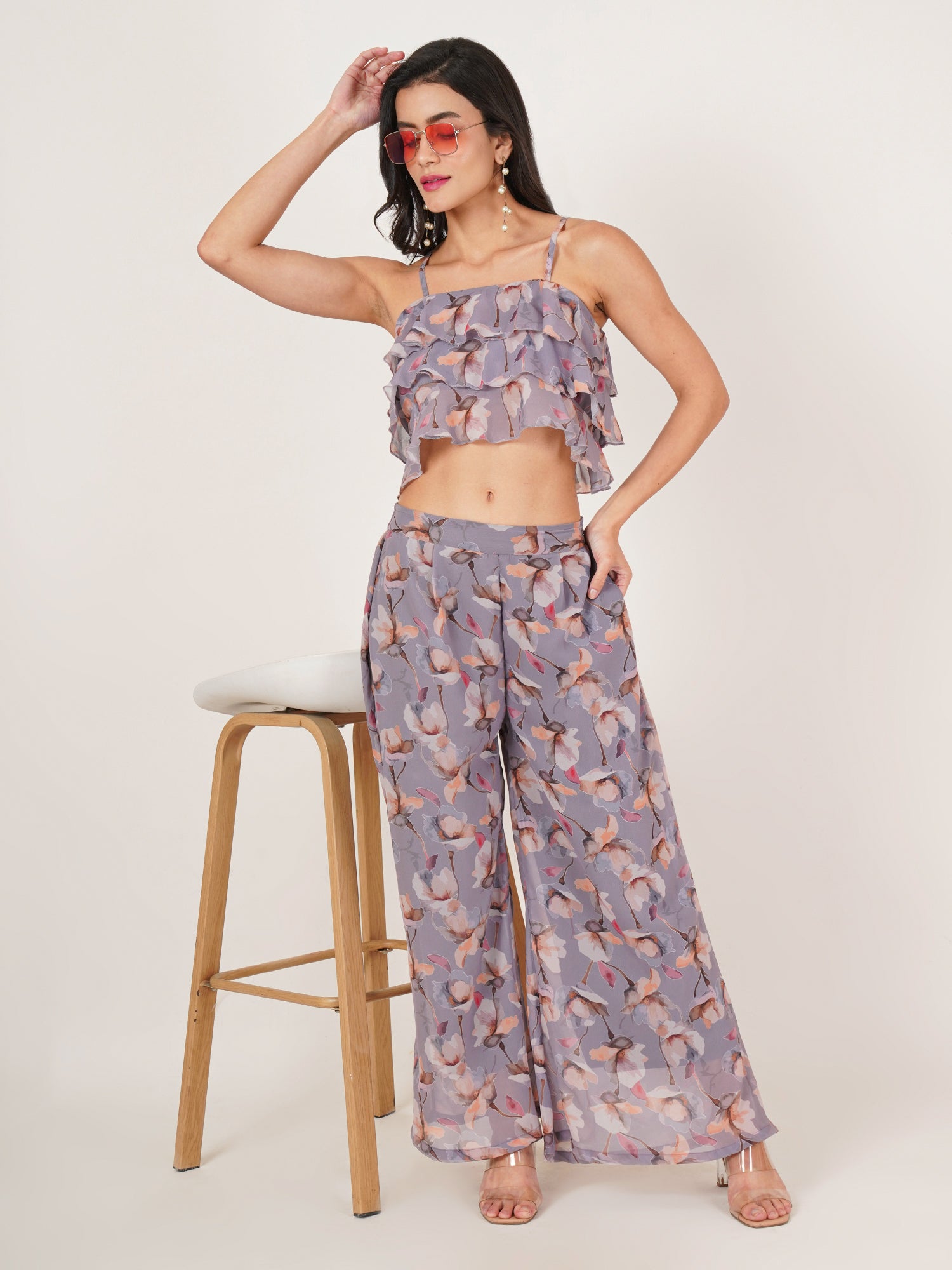 U&F Women Floral Printed Crop Top With Palazzos Co-Ords