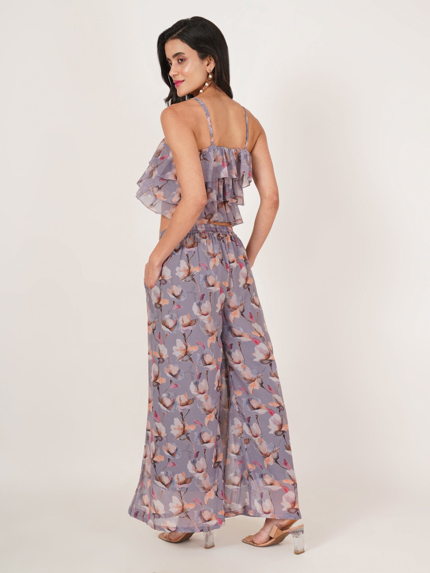 U&F Women Floral Printed Crop Top With Palazzos Co-Ords