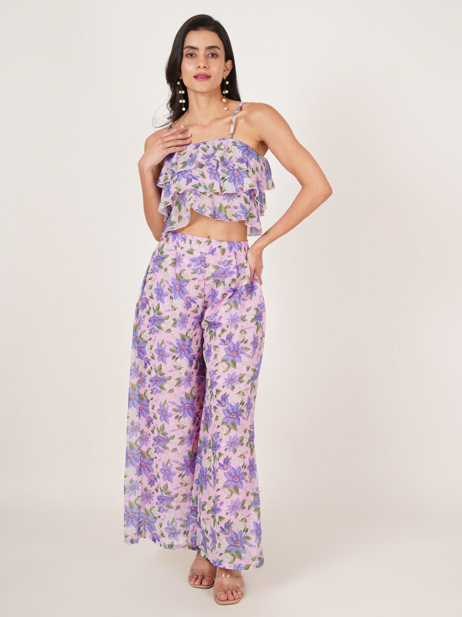 U&F Women Floral Printed Crop Top With Palazzos Co-Ords