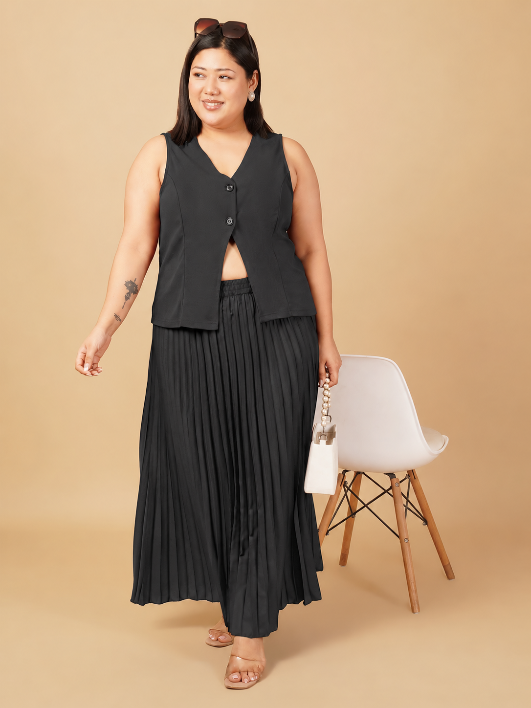 U&F Beyond Plus Size Noir Pleated Elegance Co-Ord Set