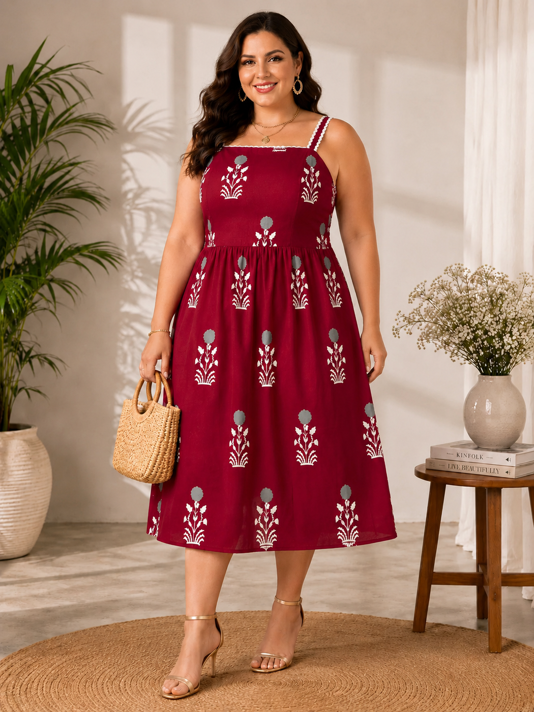U&F Beyond Women Plus Size Ethnic Motif Fit & Flare Midi Dress