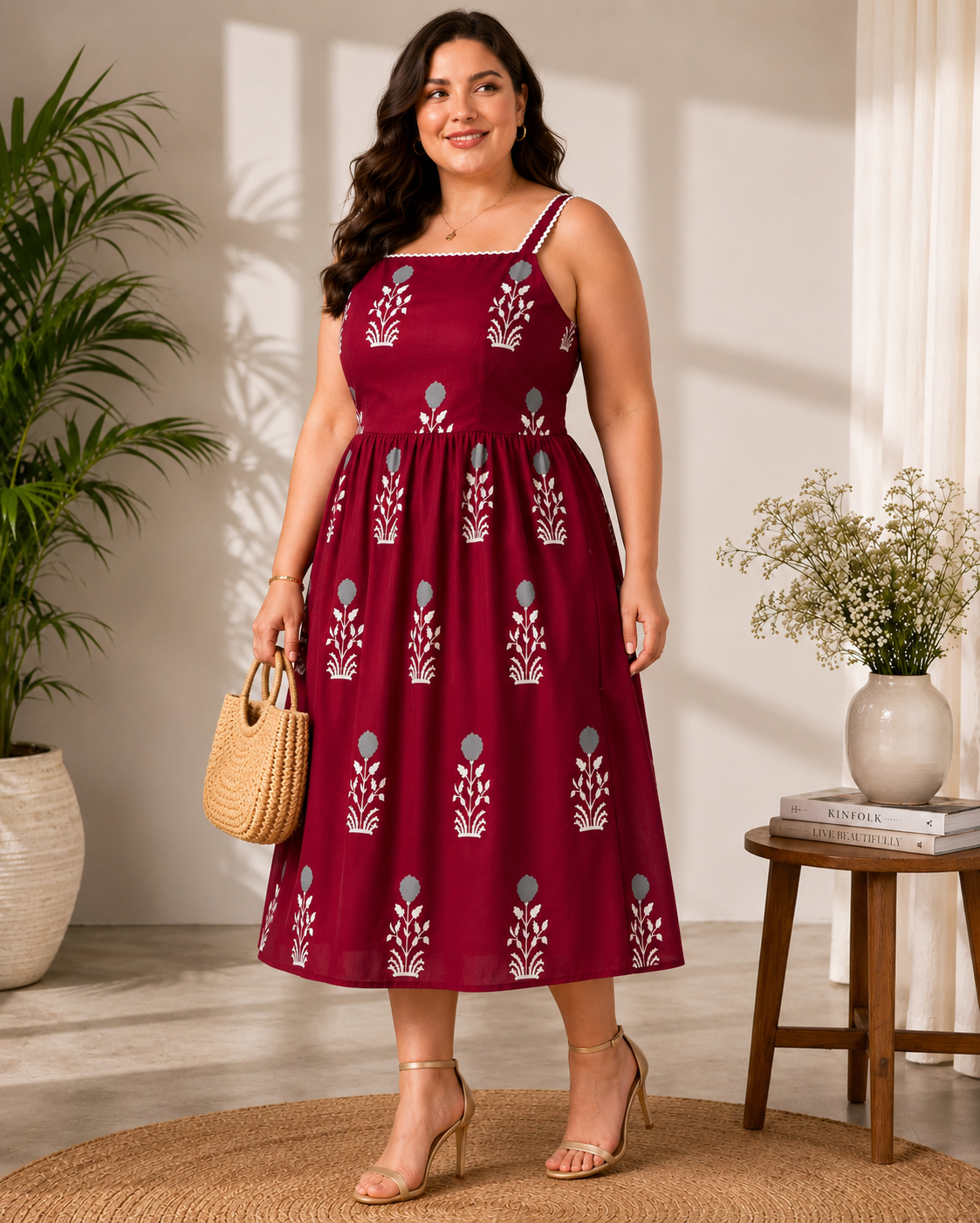 U&F Beyond Women Plus Size Ethnic Motif Fit & Flare Midi Dress