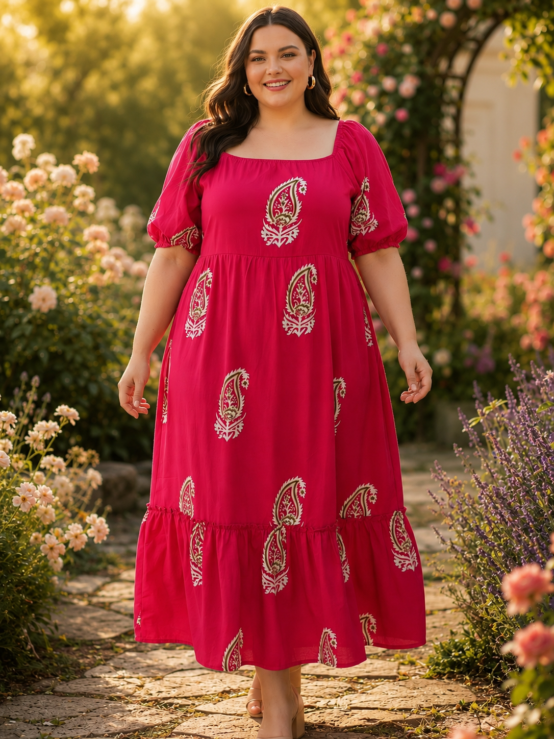 U&F Beyond Pink Print Puff Sleeve Fit & Flare Midi Dress