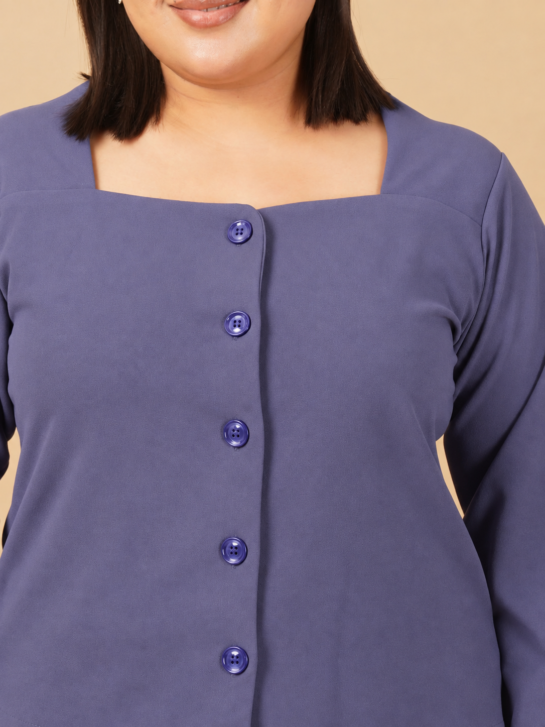 U&F Beyond Plus Size Purple Solid Square Neck Button-Front Pleated Co-ord Set