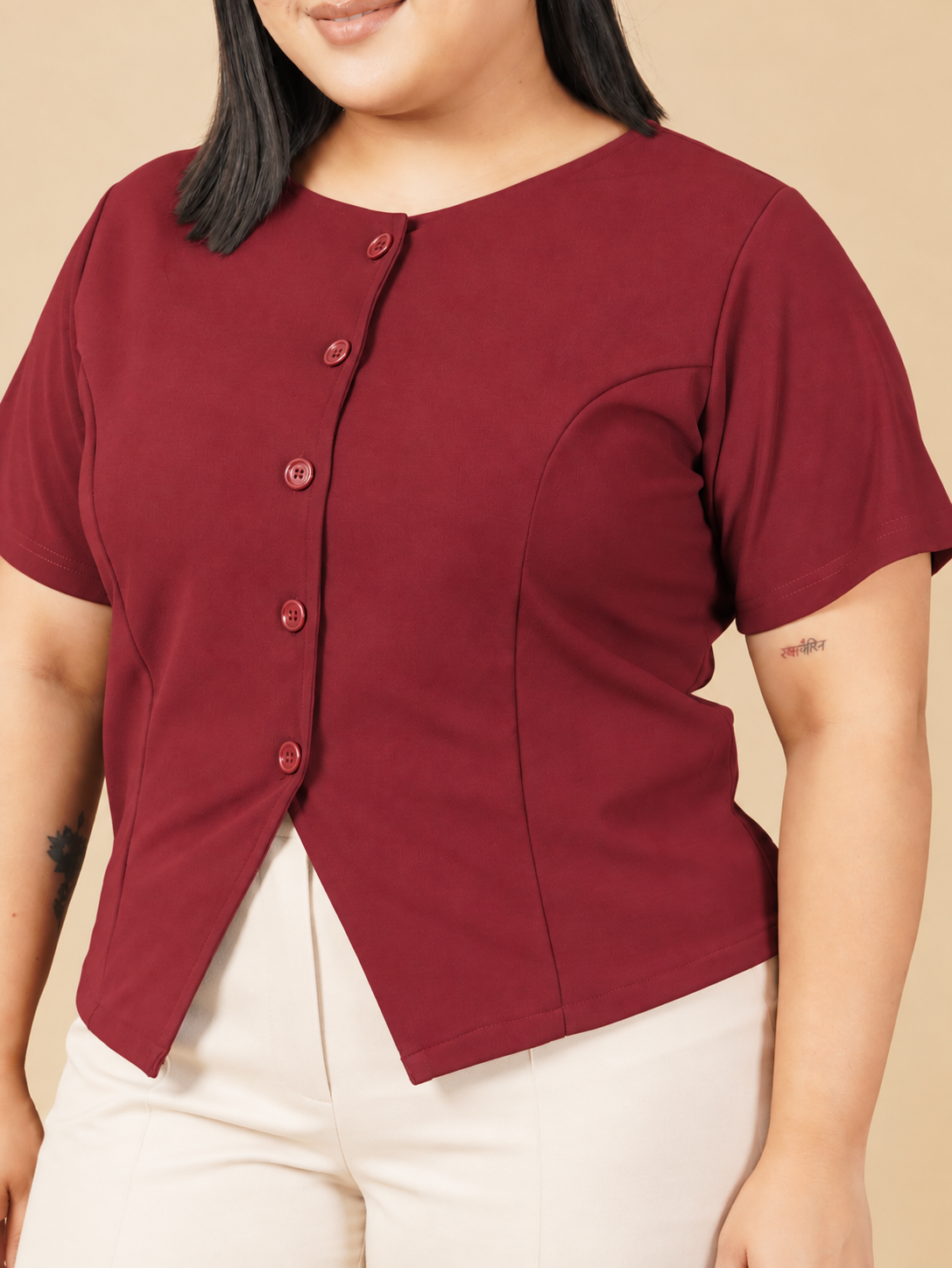 U&F Beyond Plus Size Maroon Elegant Front-Button Top