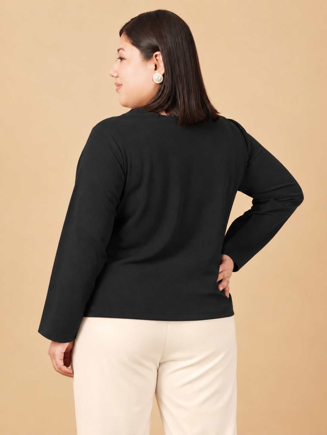 U&F Beyond Plus Size Black Solid Square-Neck Button-Front Top