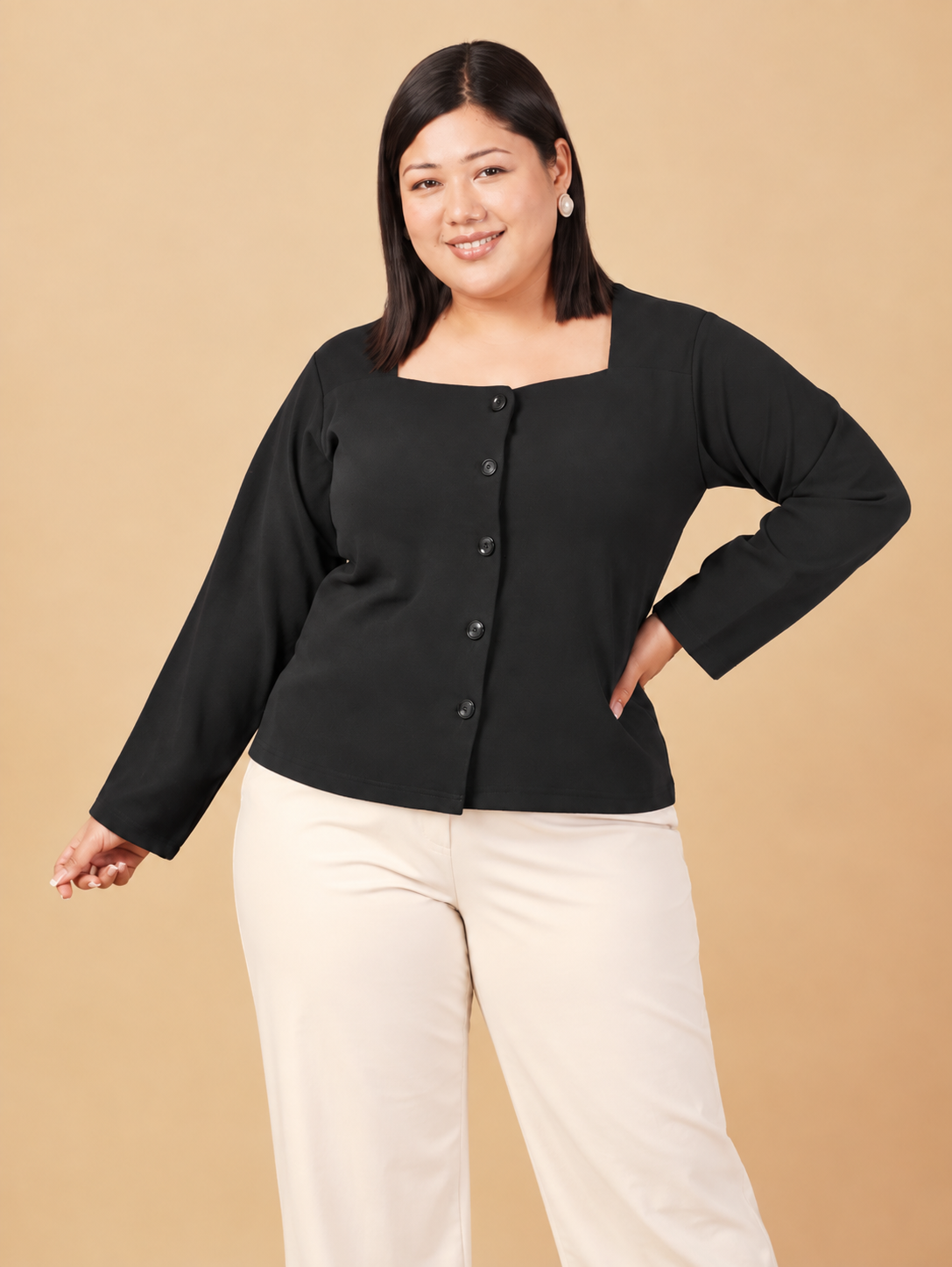U&F Beyond Plus Size Black Solid Square-Neck Button-Front Top